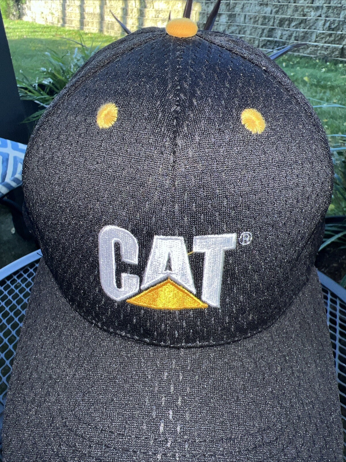CAT in White w Gold Logo on Black Hat Cap Polyester Mesh Hook Loop CAT Licensed