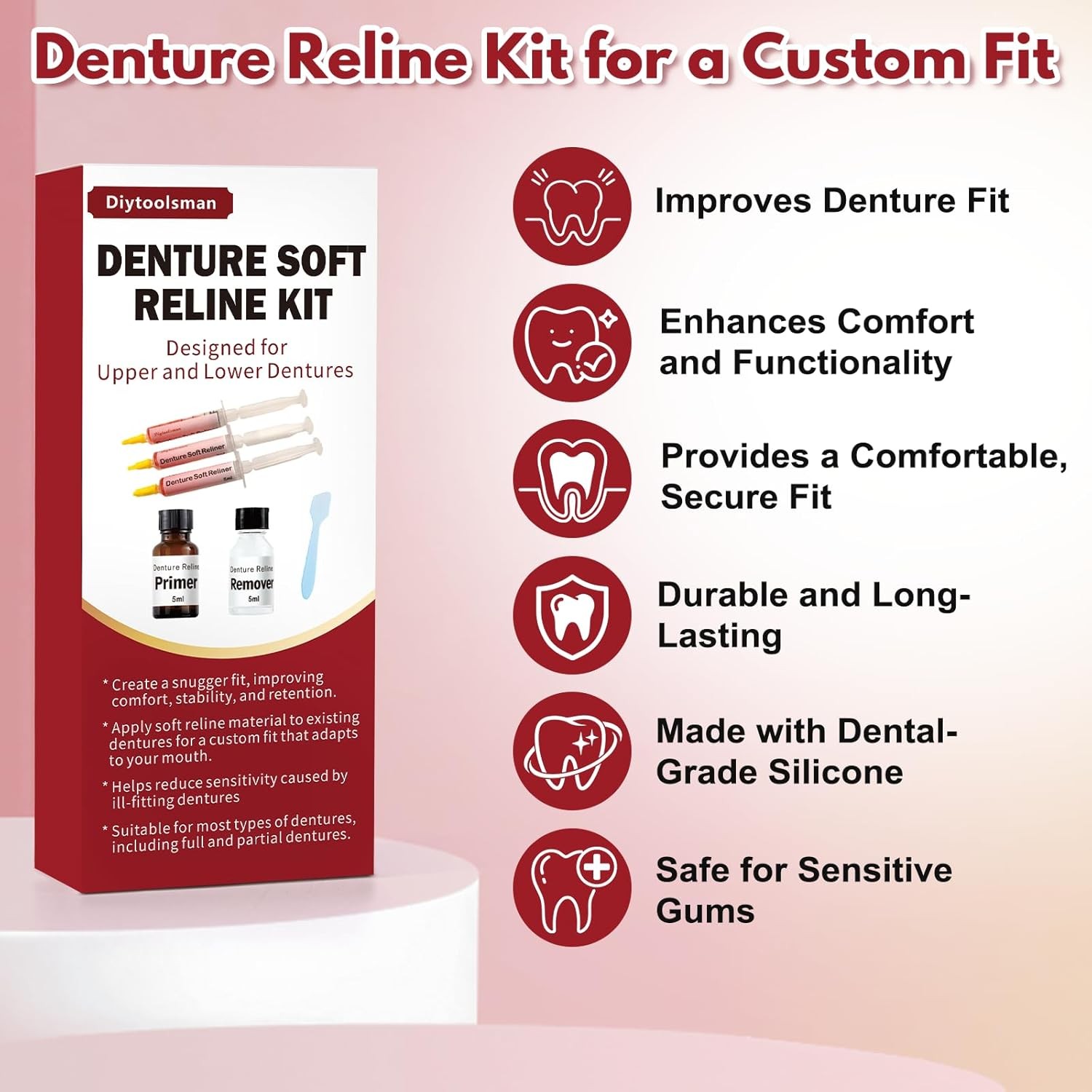 Soft Reline Kit for Upper & Lower Dentures - Fix Loose Fitting Issues