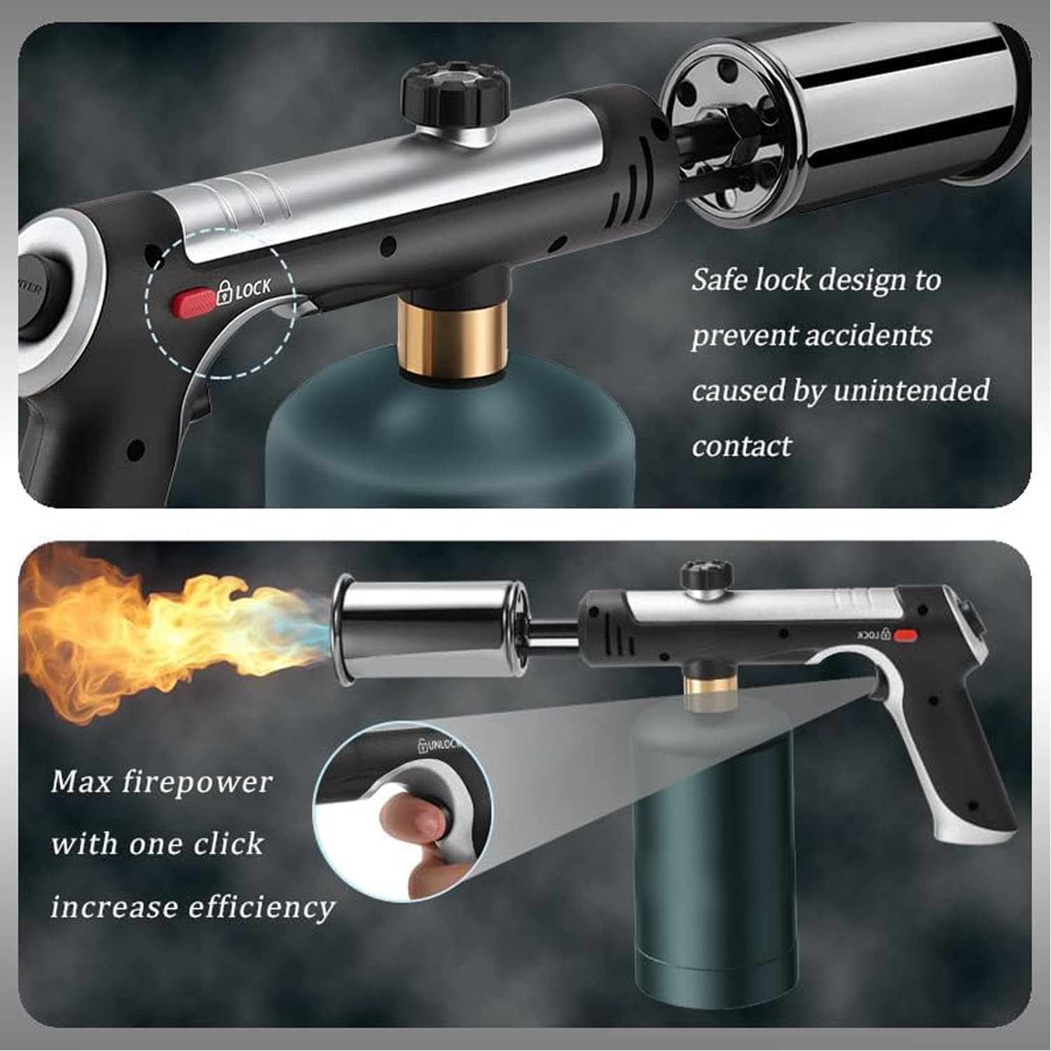 Propane Torch with One-Touch Max Fire, Safety Lock Adjustable, Cooking Blow T...