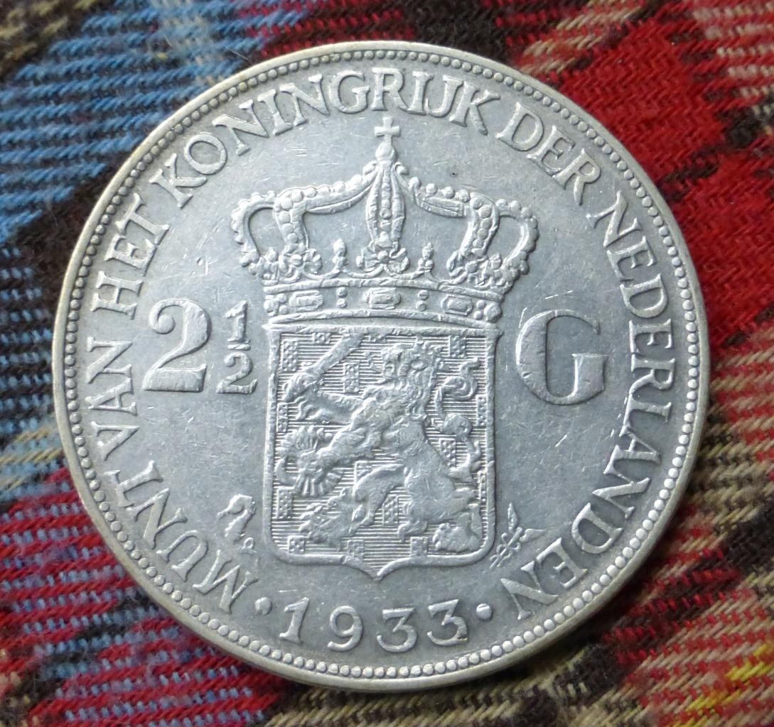 1933 Netherlands 72% Silver 2-1/2 Gulden Coin, Queen Wilhelmina Coin, KM#165