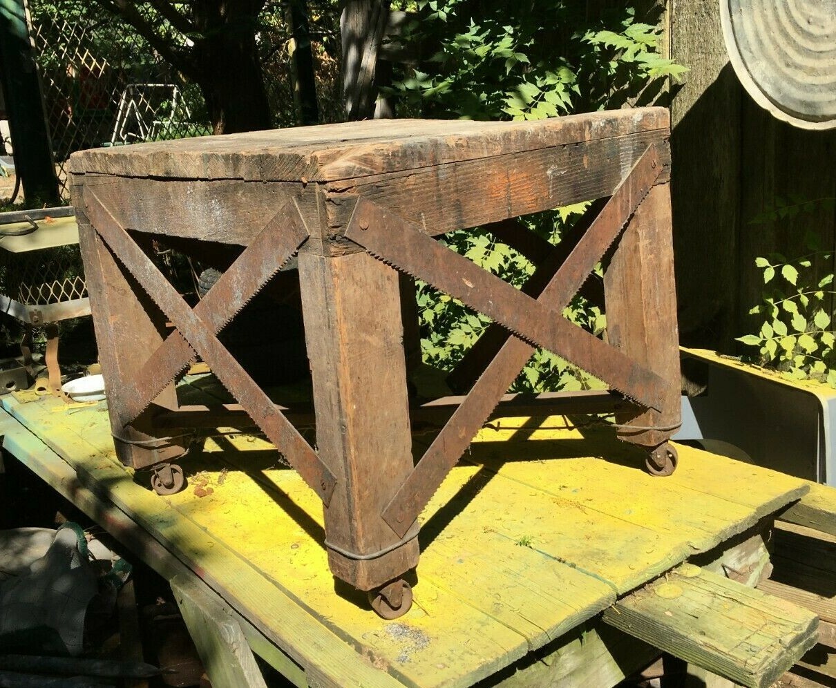 Industrial Wood Coffee Table 25in x 24in x 22in Saw Blade Work Butcher Bench
