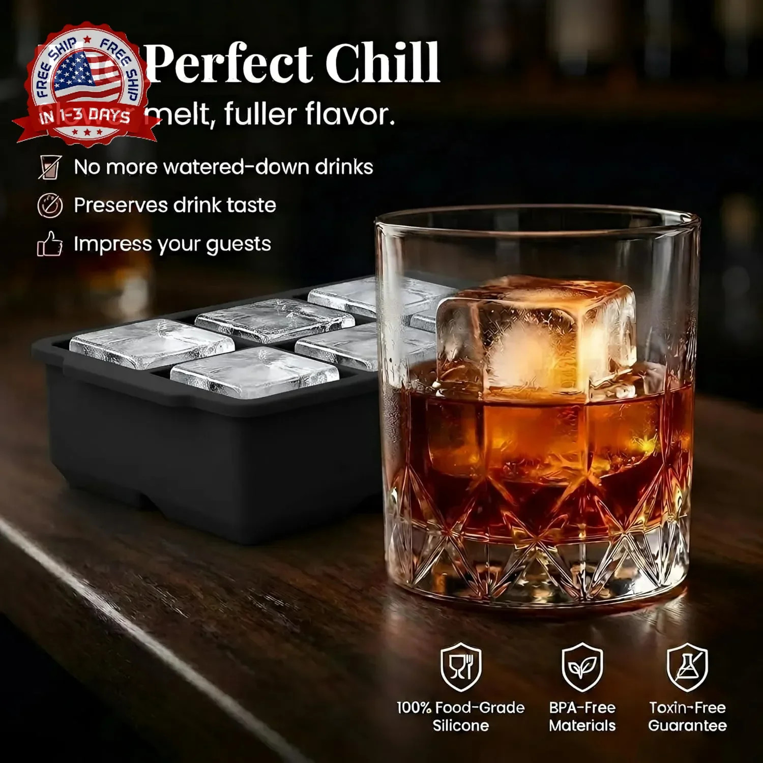 KitchFort Large Silicone Ice Cube Tray (2-Pack), Easy Release 2" Big Ice Cubes -