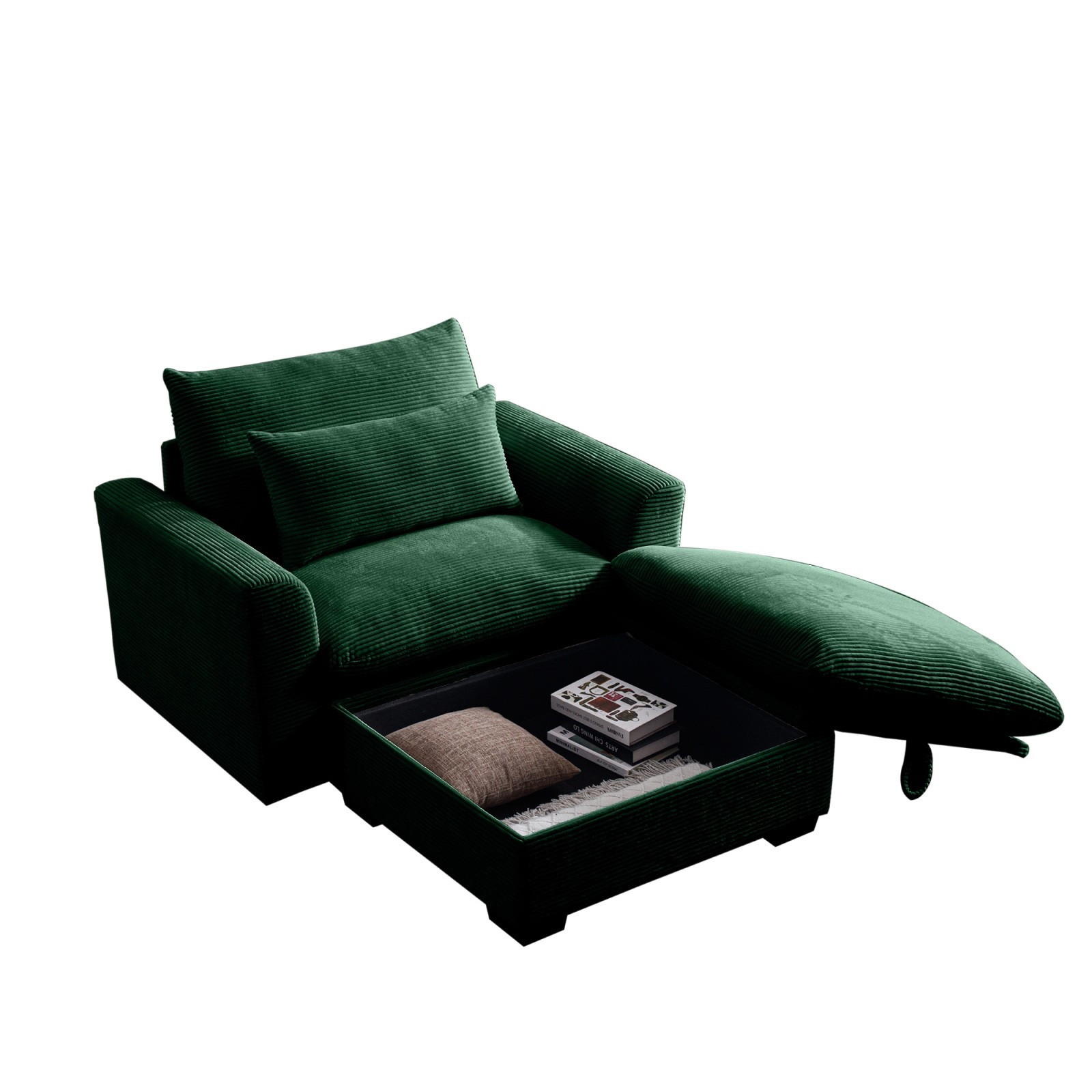 Green Corduroy Modular Sofa with Storage Ottoman, Deep Seat