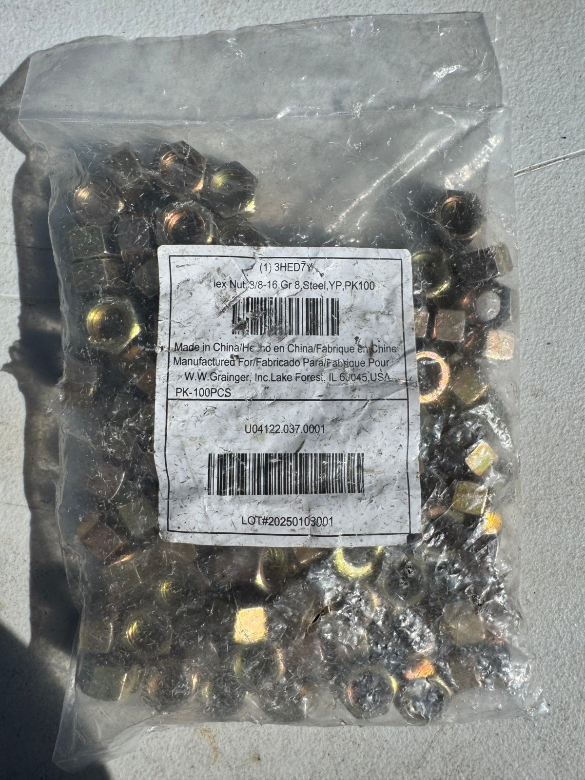 Grainger 3HED7K Hex Nut 3/8-16 Grade 8 Steel Yellow Zinc 100 PK New