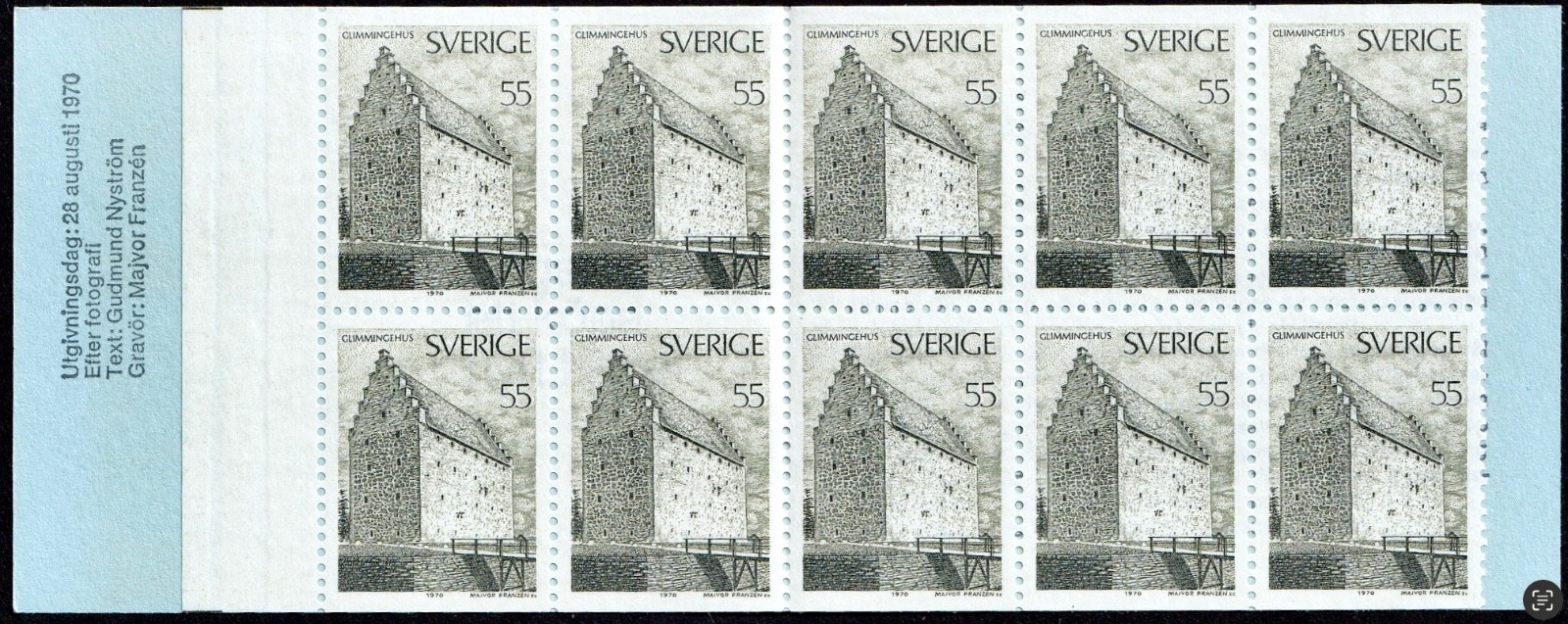 Sweden, Complete Booklet Pane of 10 Stamps, MNH-1970, 55 öre, Sc. 860a, SG SB248