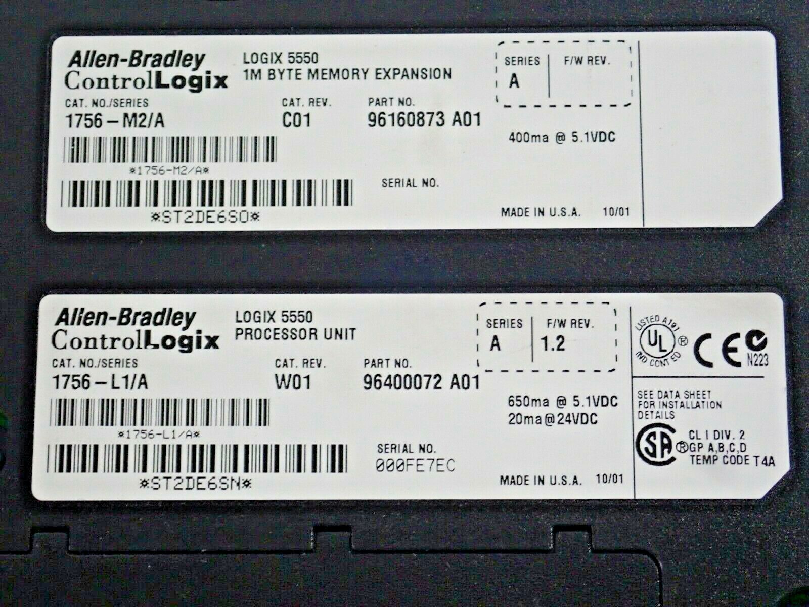 ALLEN BRADLEY 1756-L1/A LOGIC 5550 PROCESSOR UNIT 1756-M2/A 1M BYTE MEMORY EXPAN