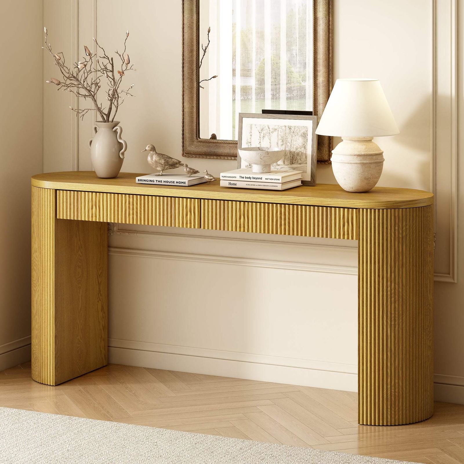 Homy Casa 58.2" Entryway Table with Large Top and Dual Drawers Arched Sturdy Leg