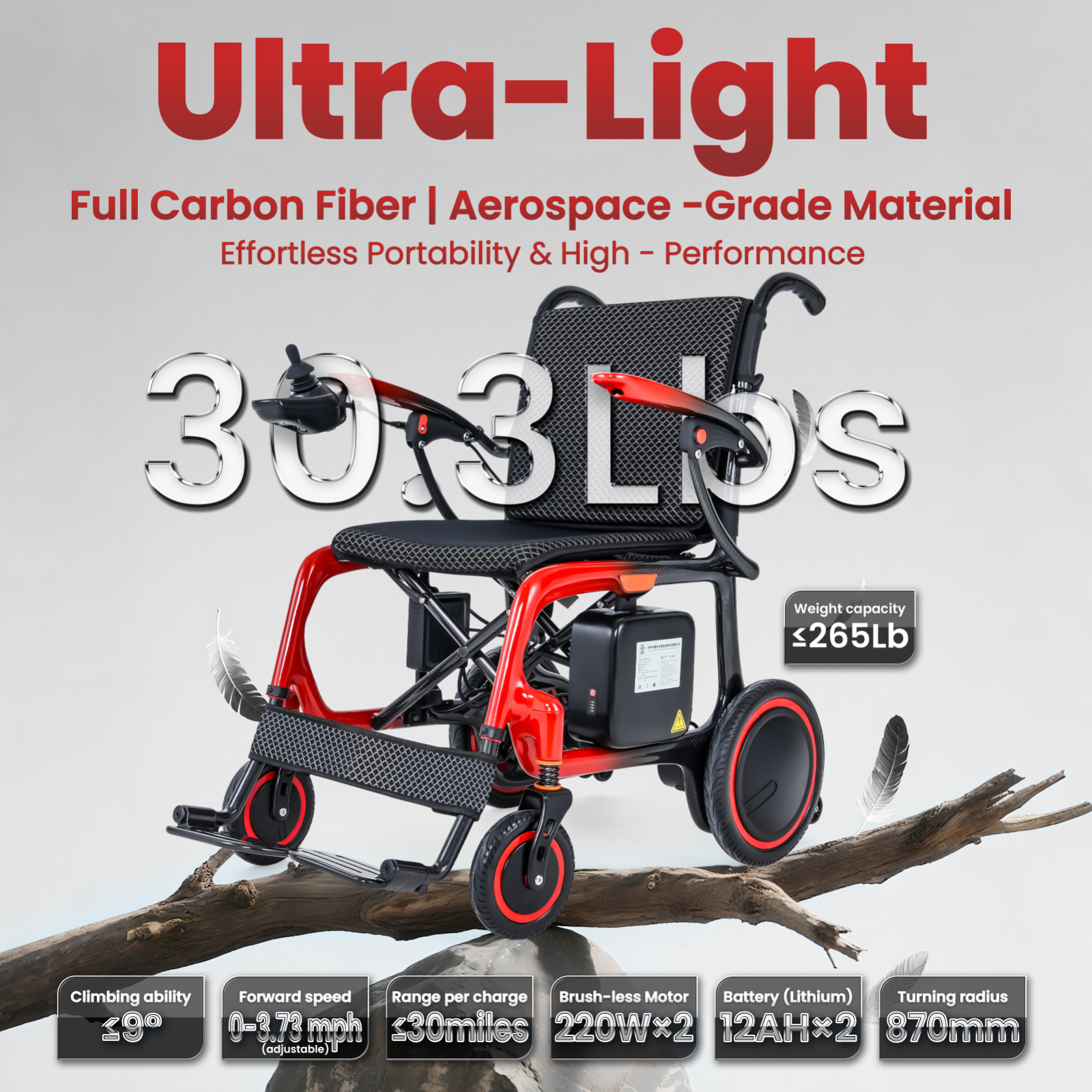 30lbs Lightweight Electric Wheelchair, Carbon Fiber Chair, Brushless Motor, 24AH