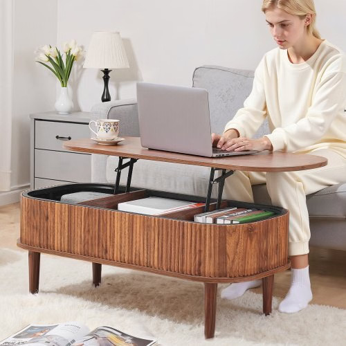 39.4 in Lift Top Coffee Table, Fluted Oval Coffee Table with 3 Hidden Compartmen