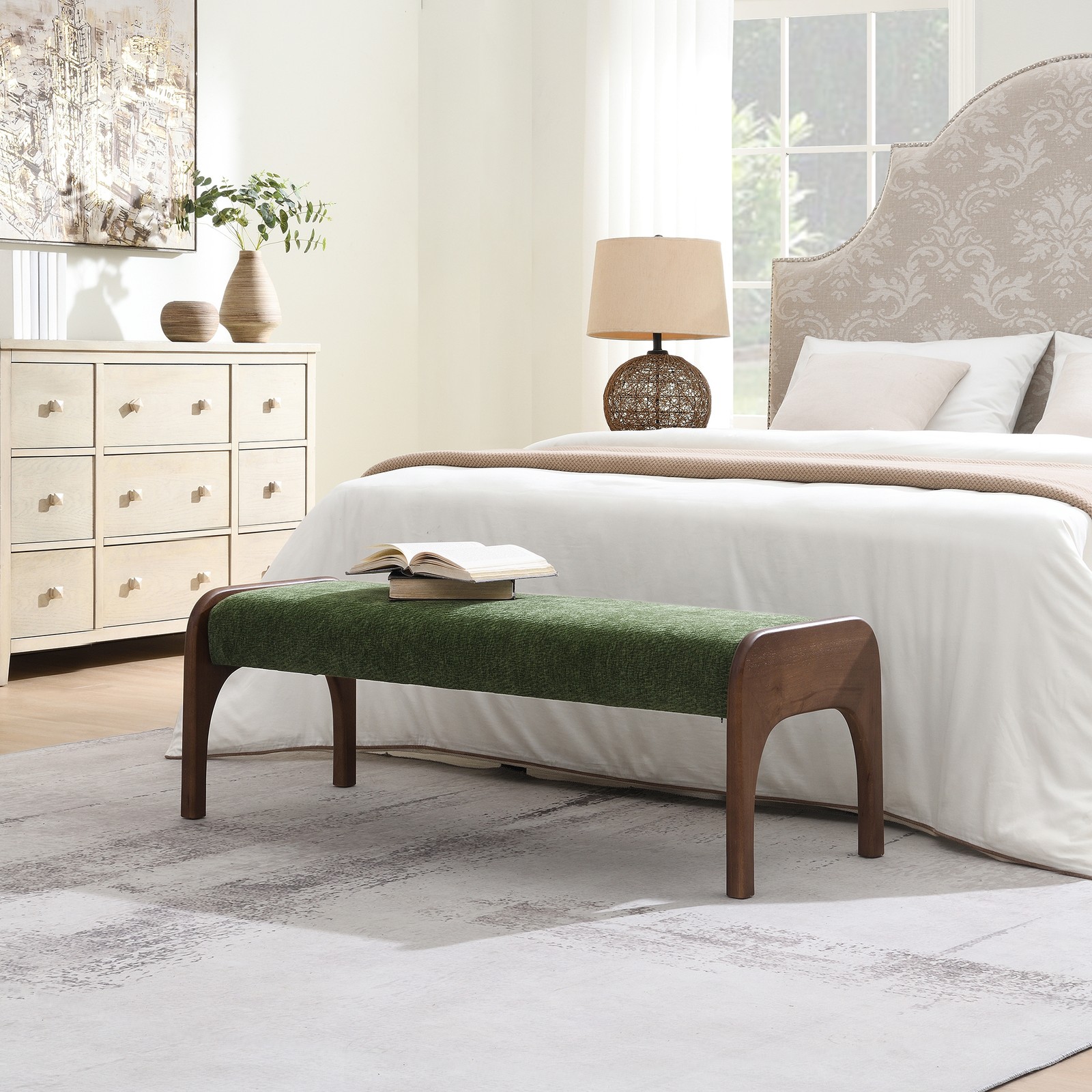 50.25 Inch Upholstered Long Bench, Modern Dining Bench with Soft Chenille Fabric