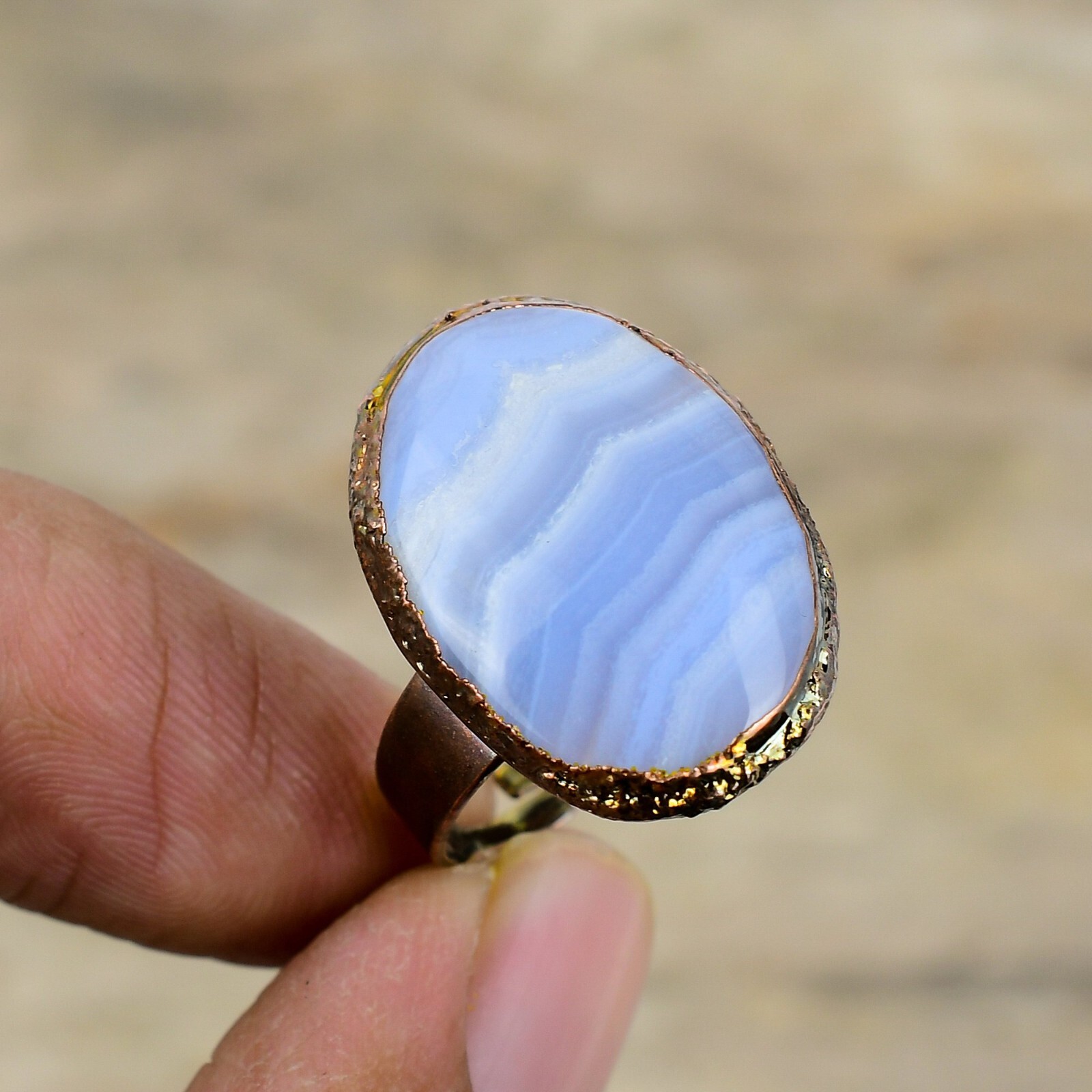 Blue Lace Agate Copper Mum Gift Electroformed Adjustable Ring Size Adjustable