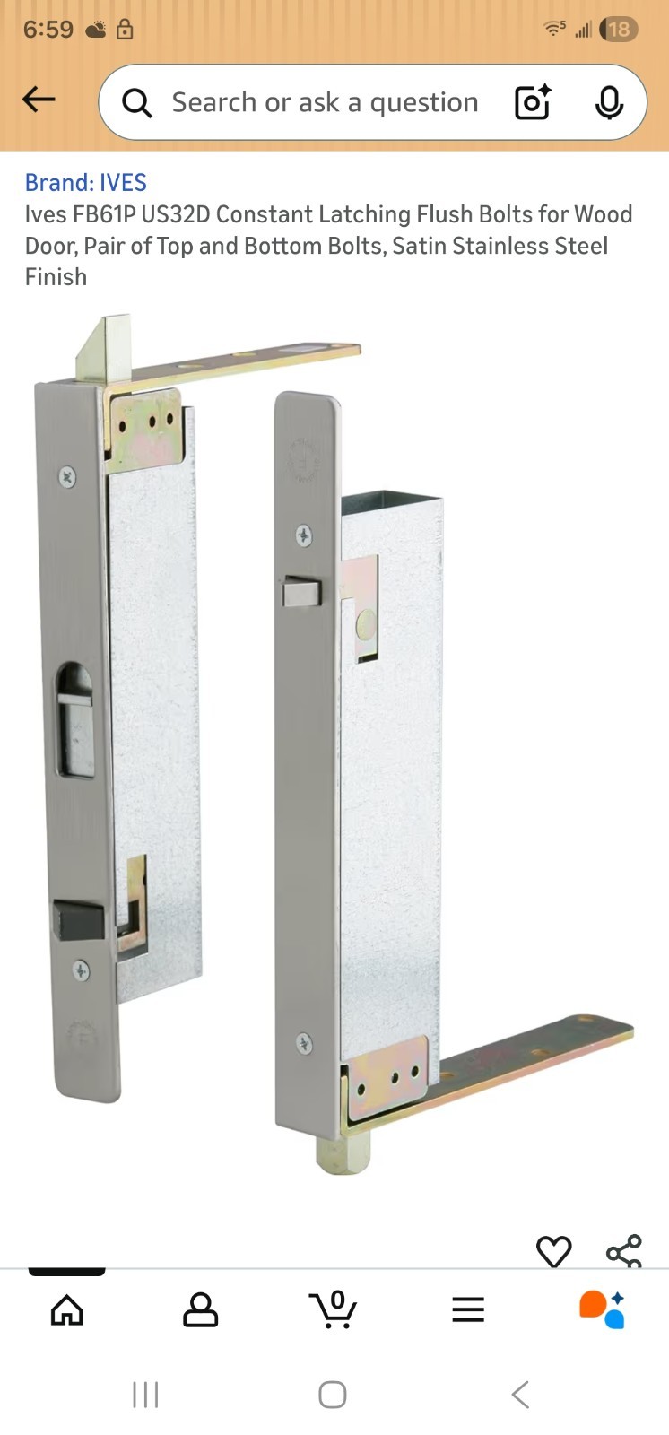 Ives FB61P-WD US32D Flush Bolt, Wood Door, Stain Stainless Steel