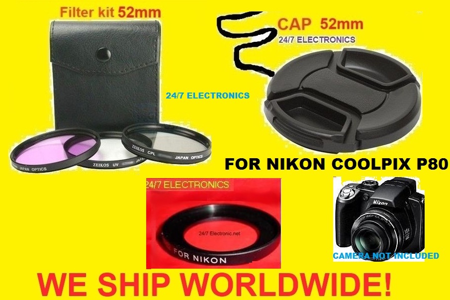 FILTER KIT+ADAPTER+LENS CAP 52mm AptTo CAMERA NIKON COOLPIX P80 P 80 UV CPL FDL