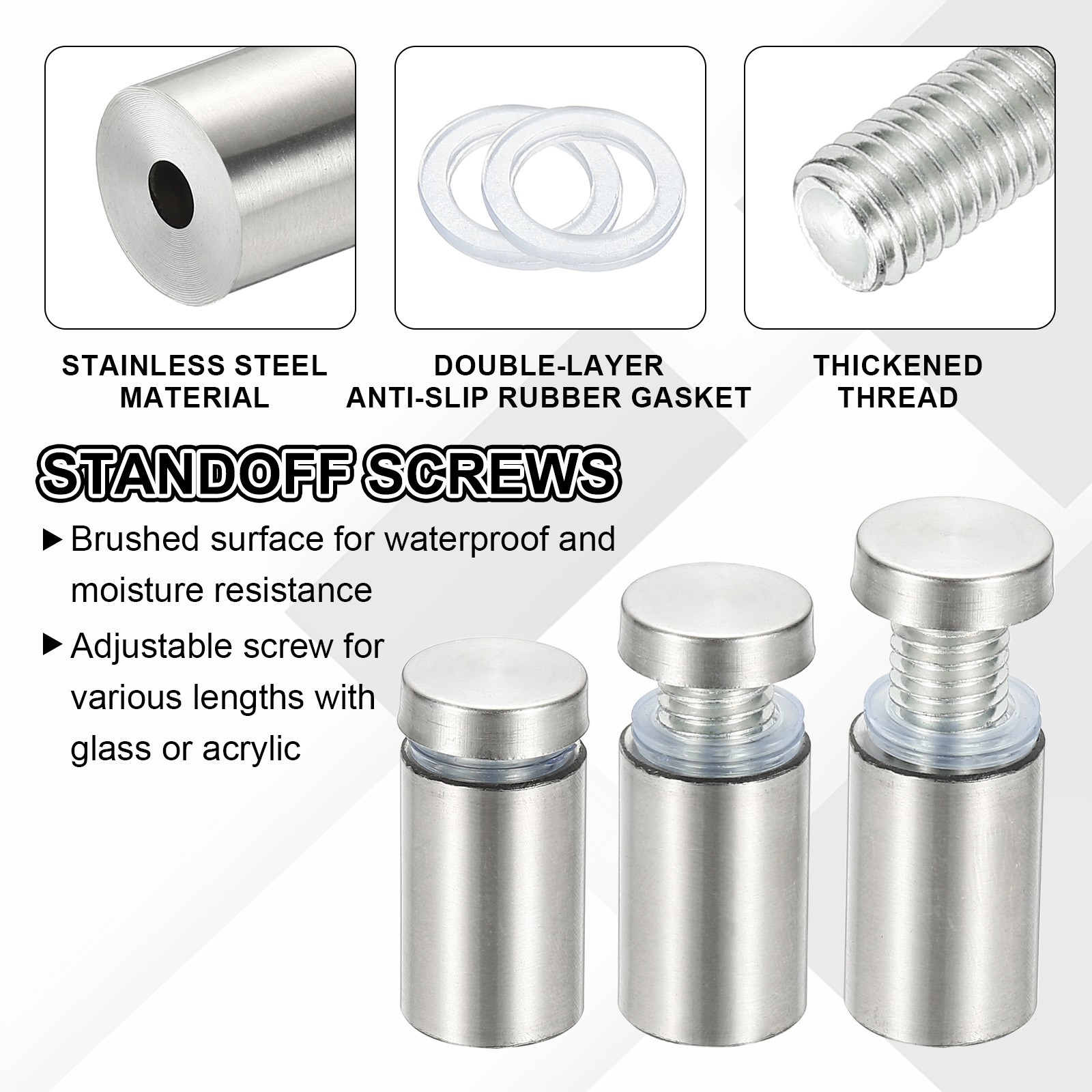 1x3.9" Standoff Screws, 8 Pack Stand Off Wall Mounts, Silver