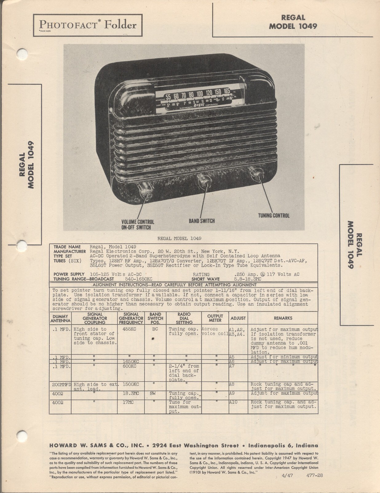 REGAL Model 1049 Sams Photofact 1947, 4 pages, New Old Stock