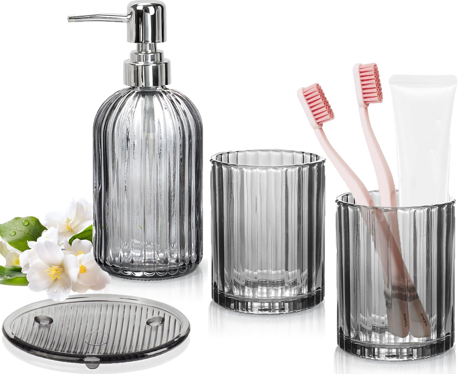 4-Piece Grey Stripe Glass Bathroom Accessories Set,Lotion Soap Dispenser, Too...