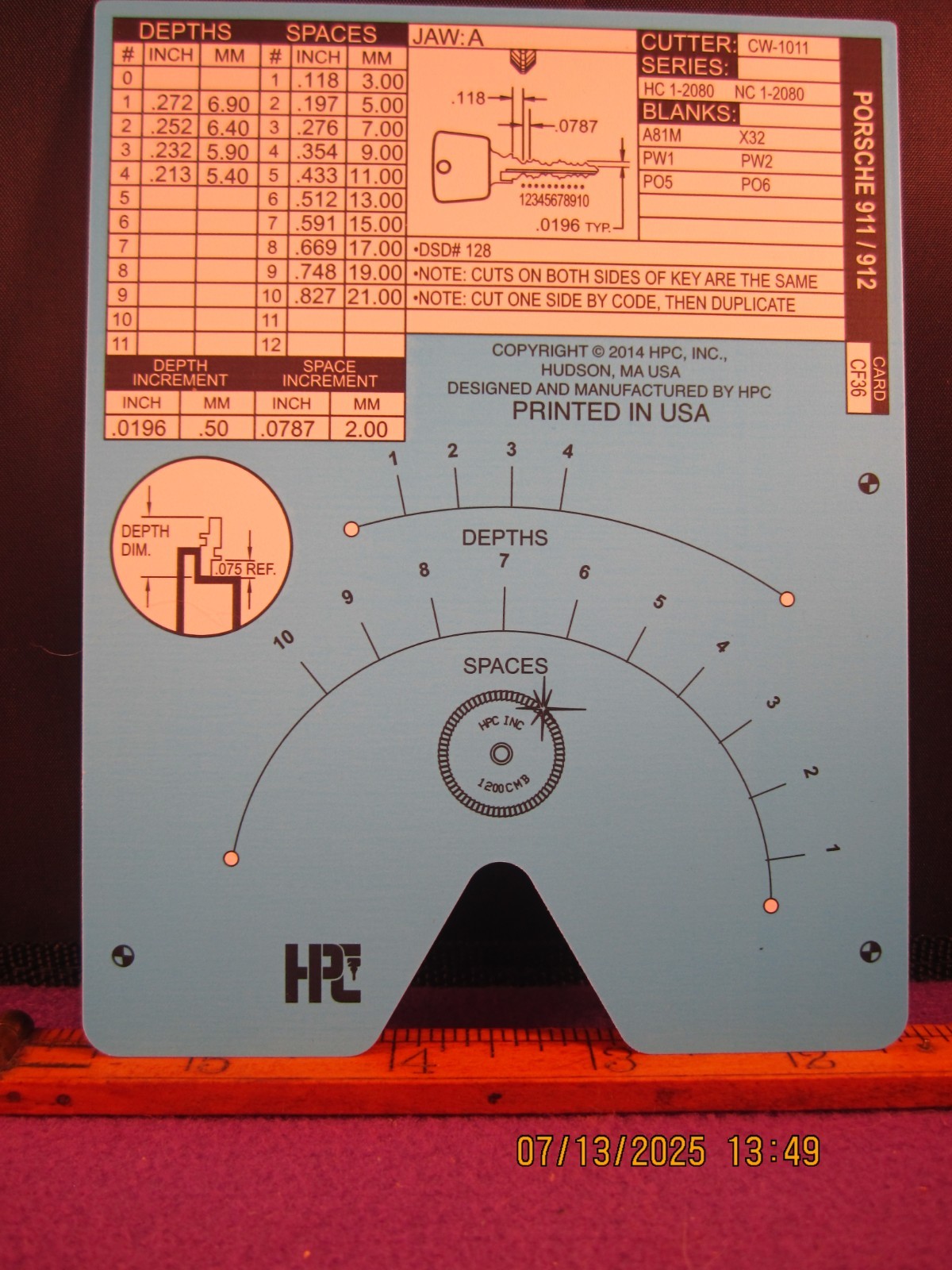 HPC 1200 BLITZ KEY CODE CARD CF 36  ( PORSCHE 911 & 912 ) BRAND NEW