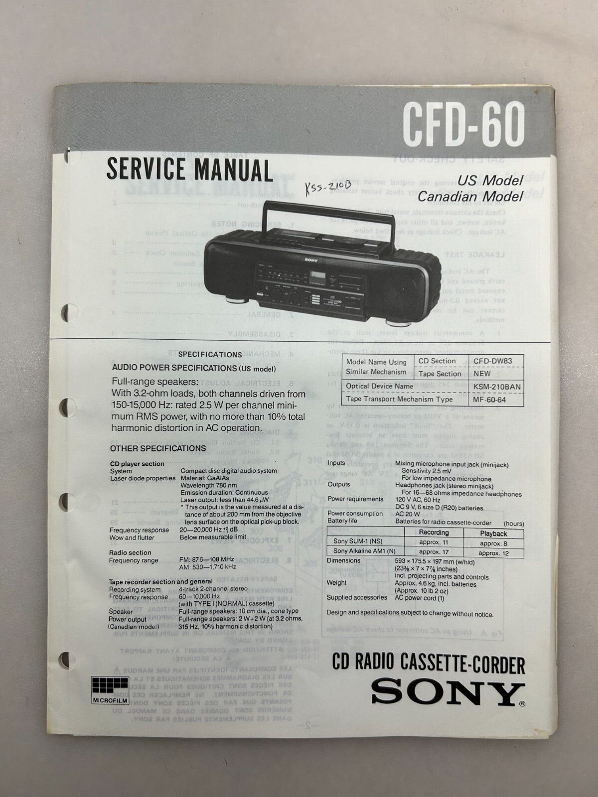 Sony CFD-60 Original Service Manual Free Shipping