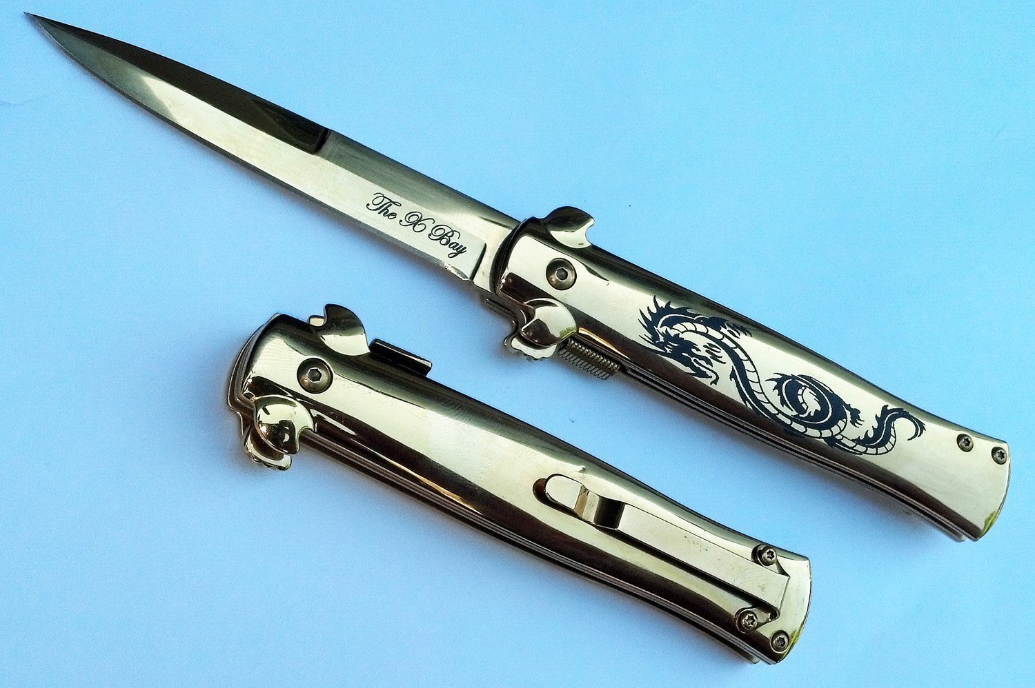 9" GOLD DRAGON Blade Spring Assisted Open Fast Opening Pocket Knife Stiletto
