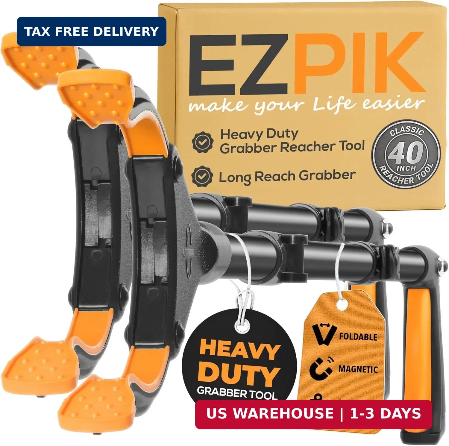 EZPIK Classic 40" Folding Grabber Reacher Tool with Dual Magnets, Heavy Duty Tra