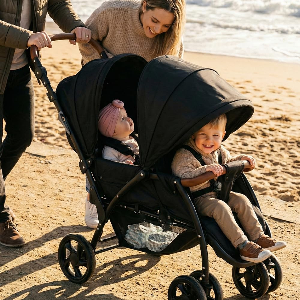 Double Stroller, Foldable Baby Tandem Stroller with Djustable Backrest Canopy Fo