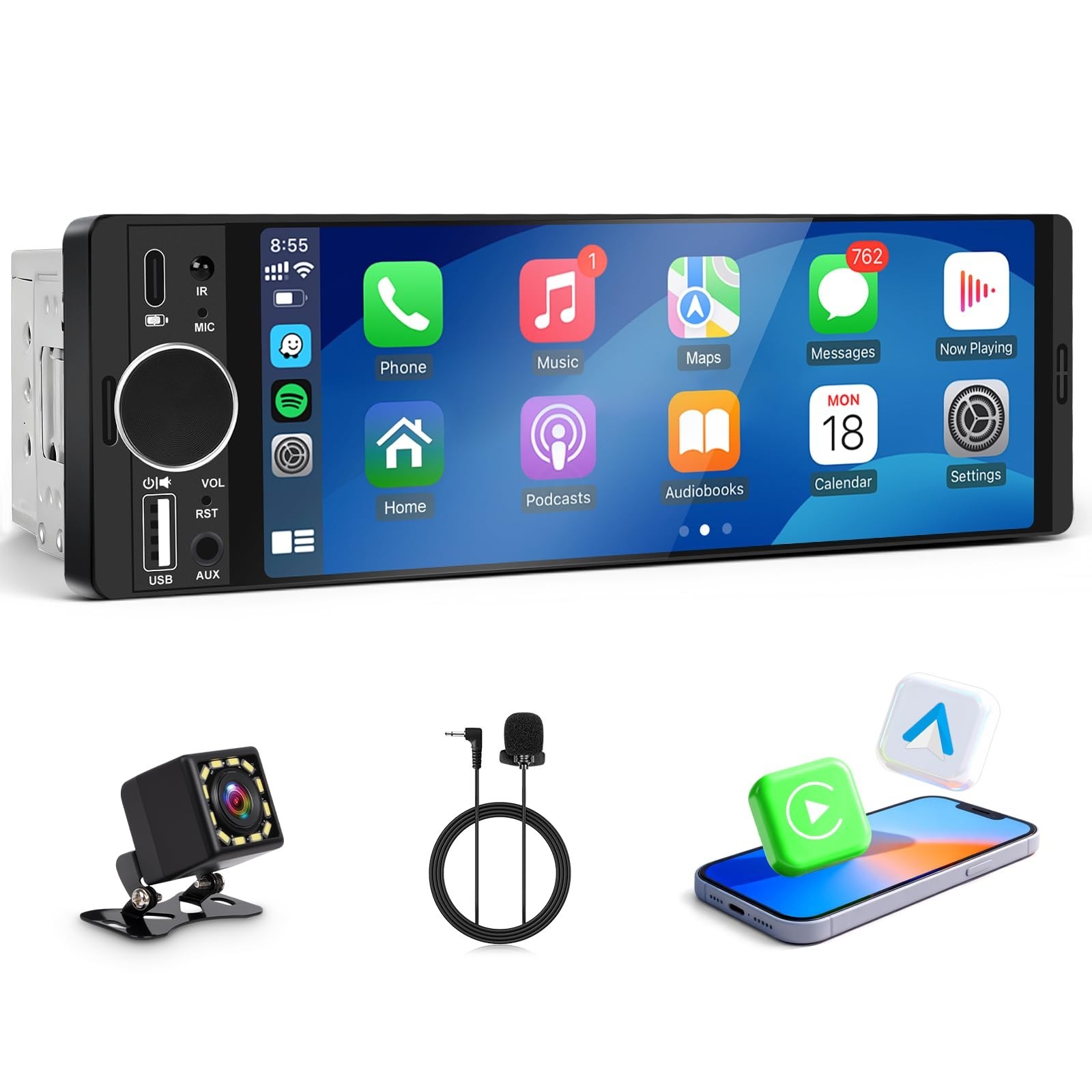 Single Din Radio for Car - Supports Apple Carplay & Android Auto，6.28 inc