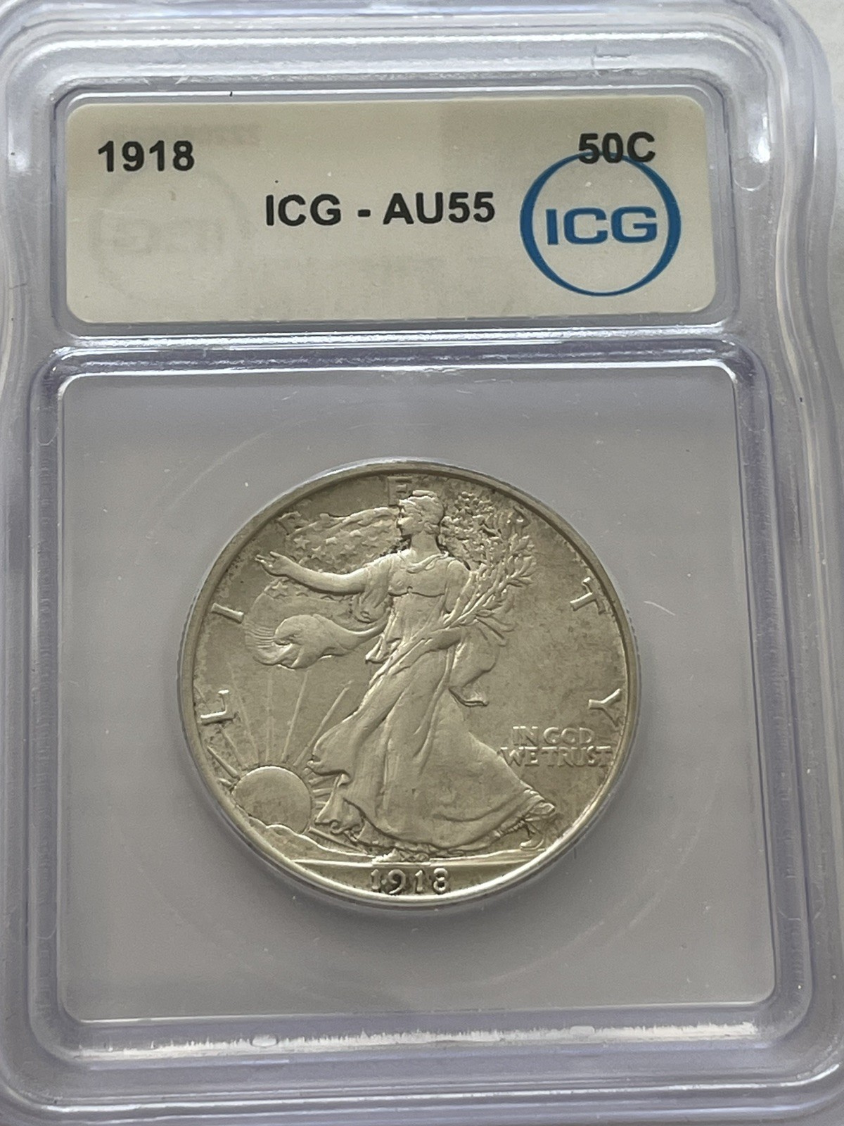 1918 walking liberty half dollar IGC au 55 great example of this coin