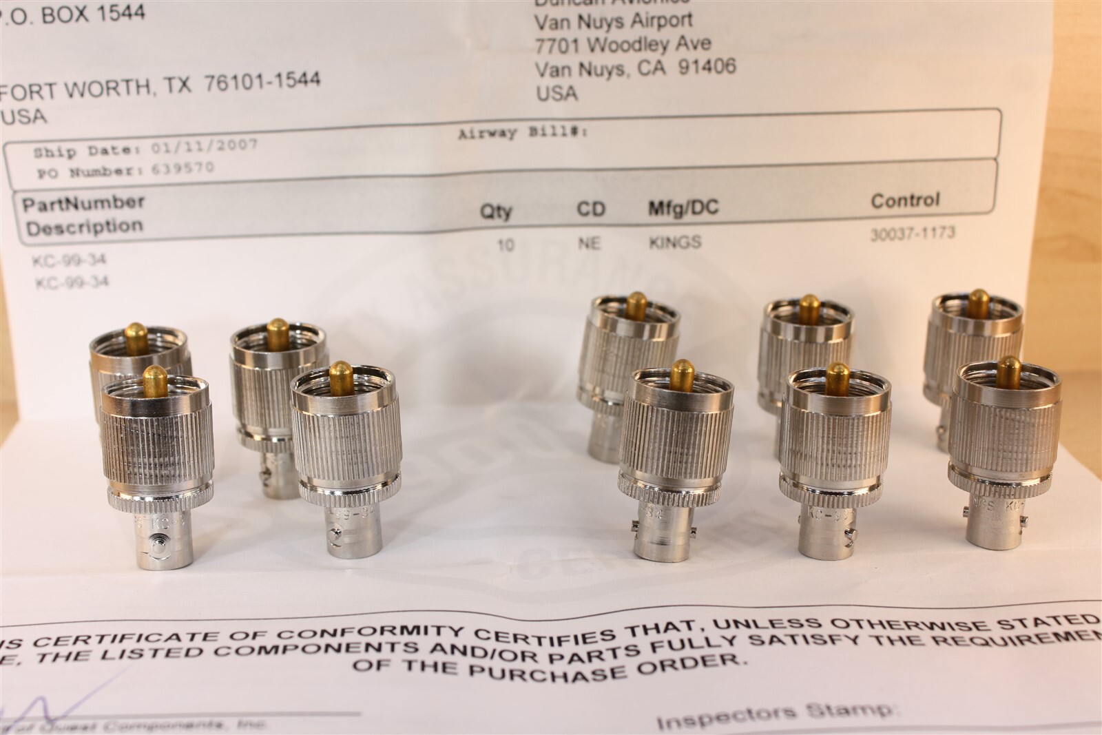 10 ea, Kings KC-99-34 Coax Adapter UHF Male to BNC Female