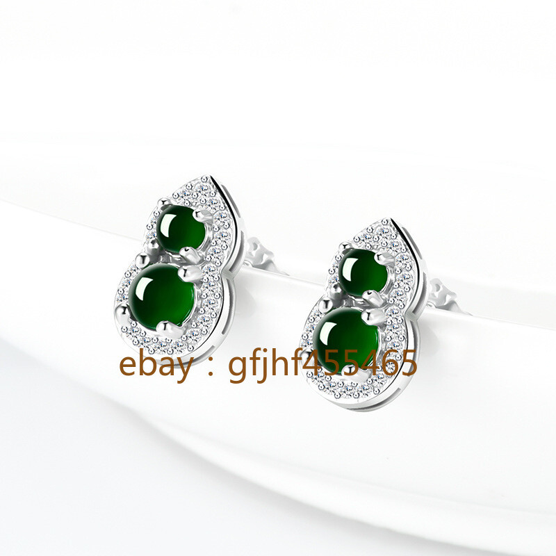 Certificate Natural A-grade Burma Jade Ink Jade Gourd Earnail S925 Silver Inlay