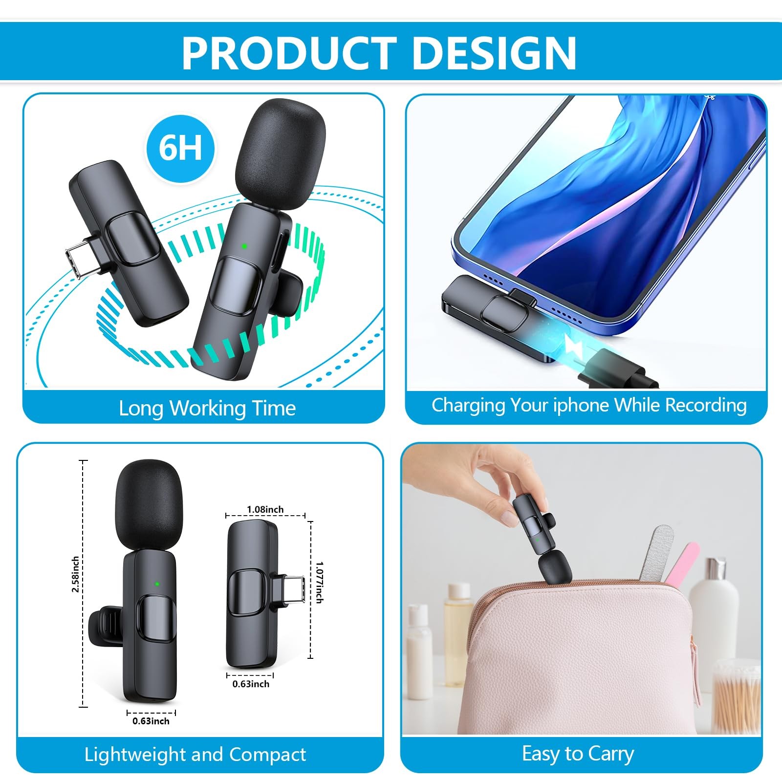 2 Pack Wireless Microphone USB C for iPhone 15-16 Android Phone Professional