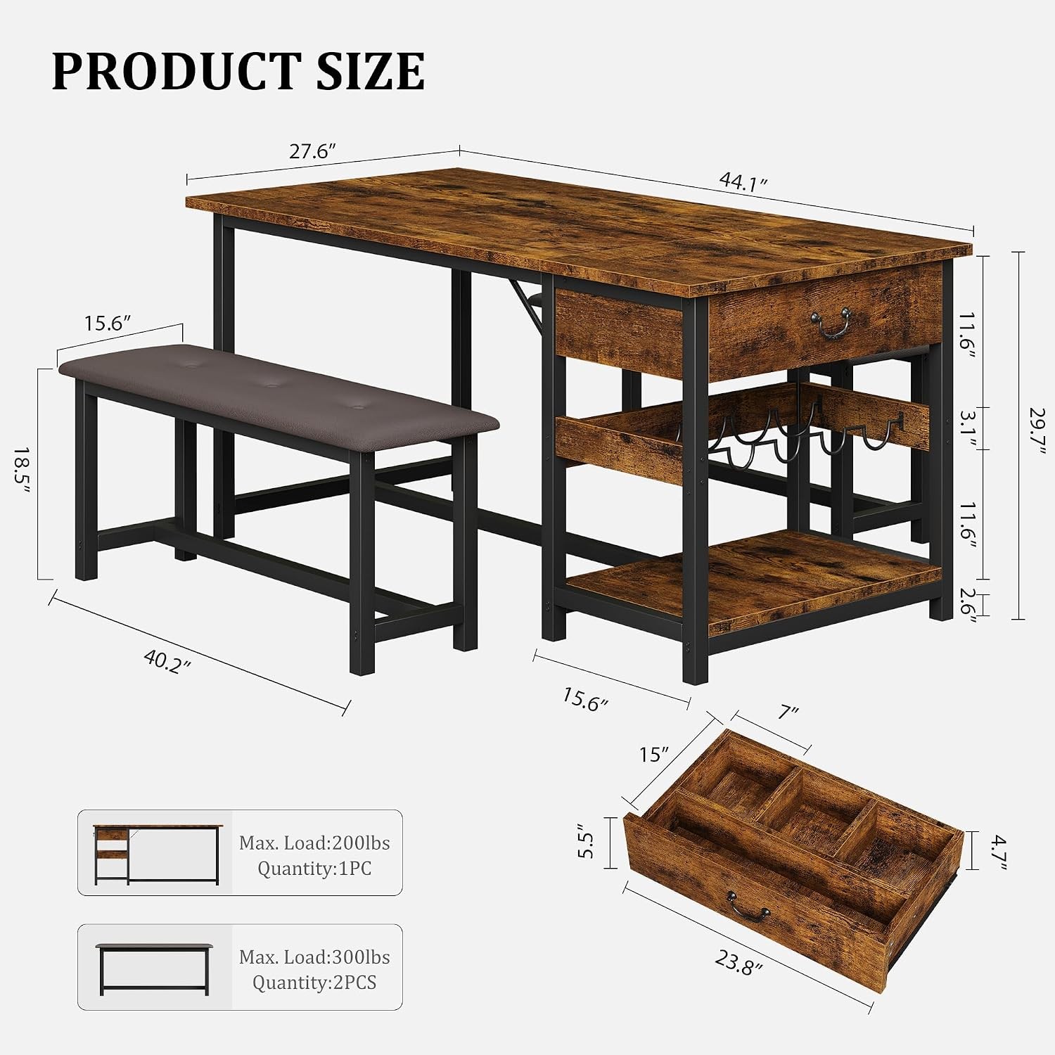 Dining Table Set 4 W/ Storage Drawers & Wine Rack Kitchen Table & Upholstered