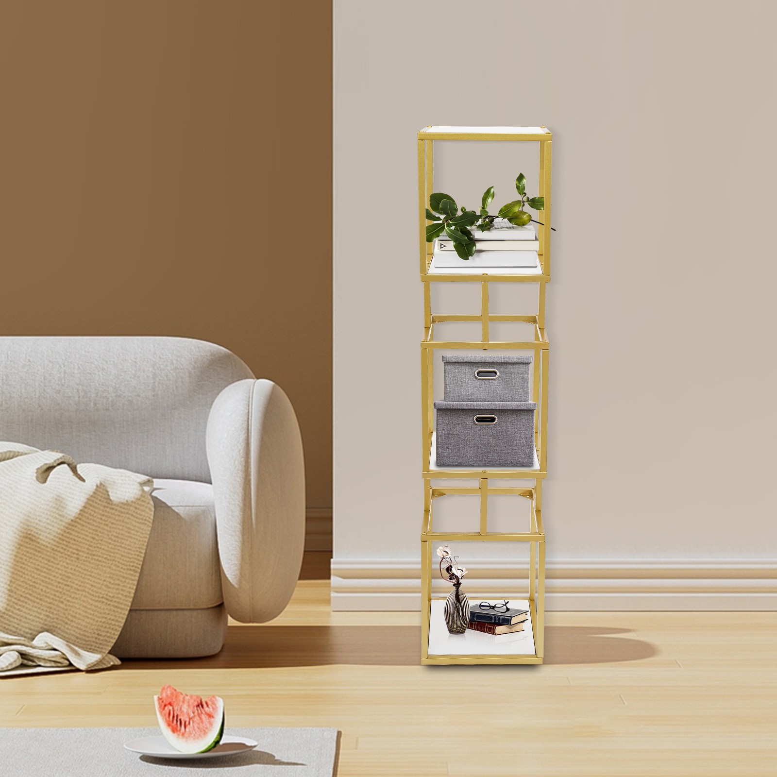 3 Tiers Storage Shelf, 50in(H) Display Rack, Gold Flower Stand, Modern Bookshelf
