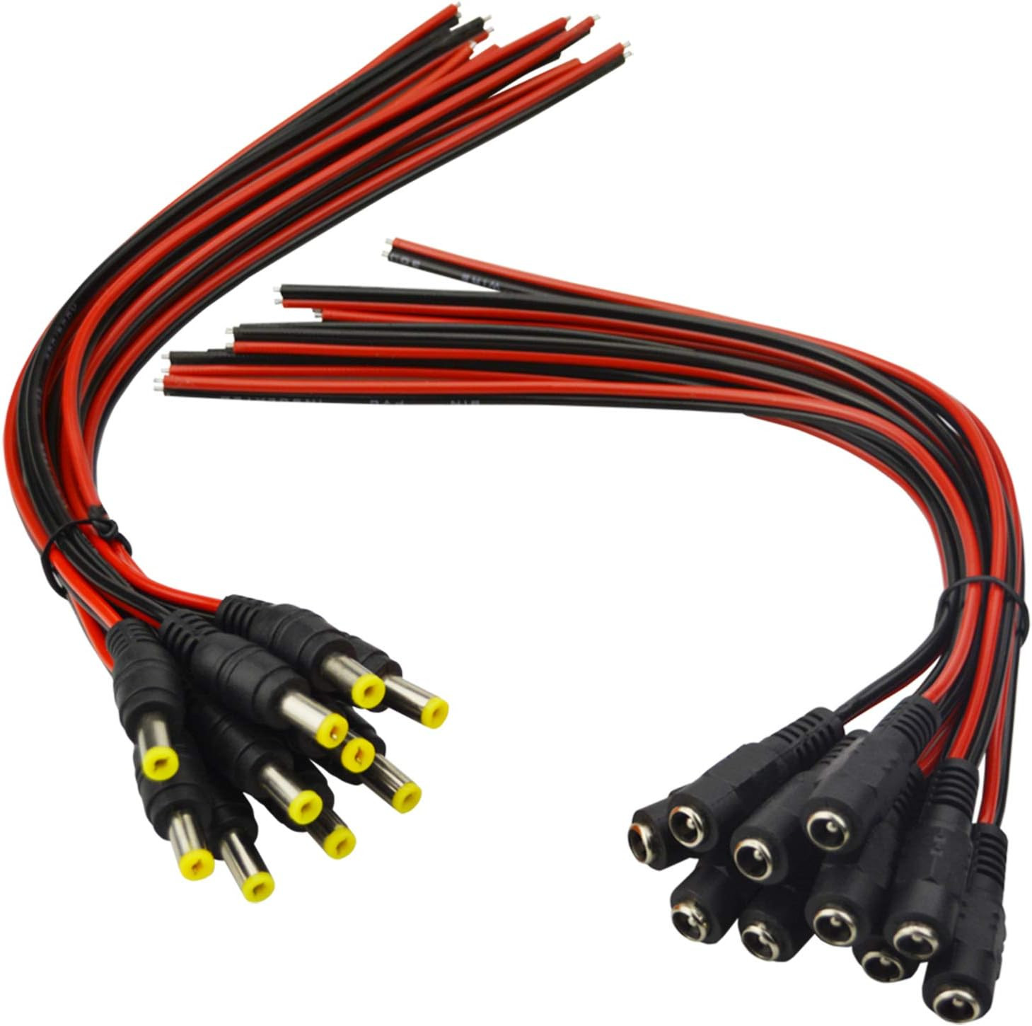 (Real 18AWG) 10 Pairs 12V 5A DC Power Pigtail Barrel Plug Connector Cable, 2.1Mm