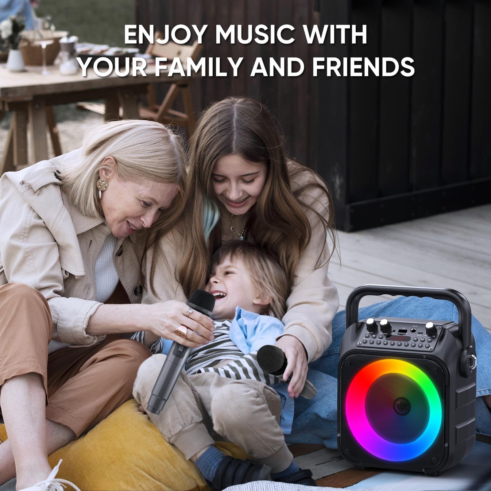 Portable Karaoke Machine with Bluetooth Speaker, 2 Wireless Mics, Lights, USB/TF