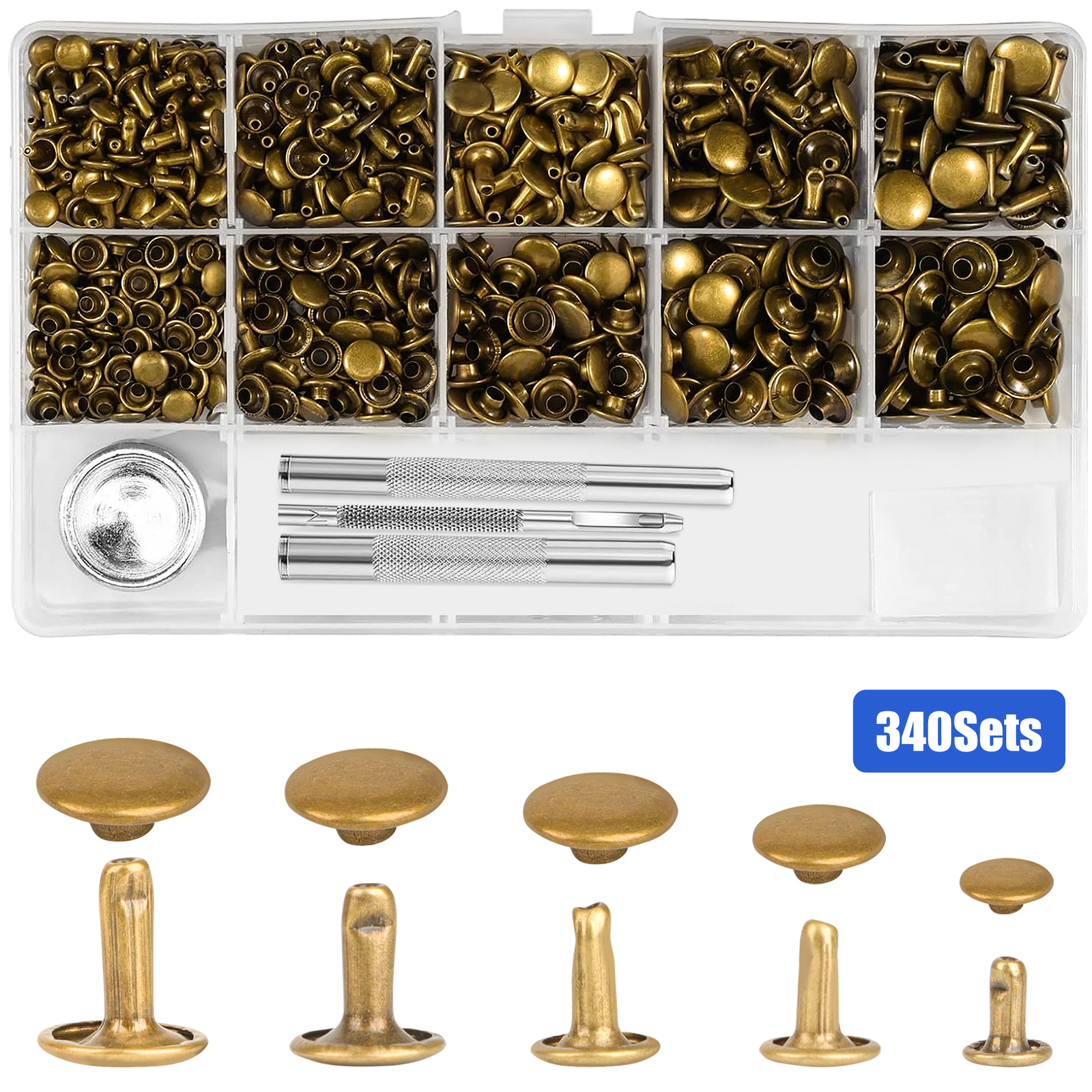 5 Sizes Leather Rivets Kit 340 Set Metal Craft Rivet Double Caps