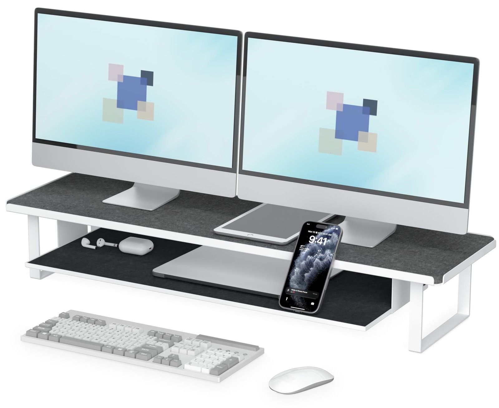 Carbon Steel Dual Monitor Stand, 2 Tier Desktop Organizer with Pull-out Slidi...