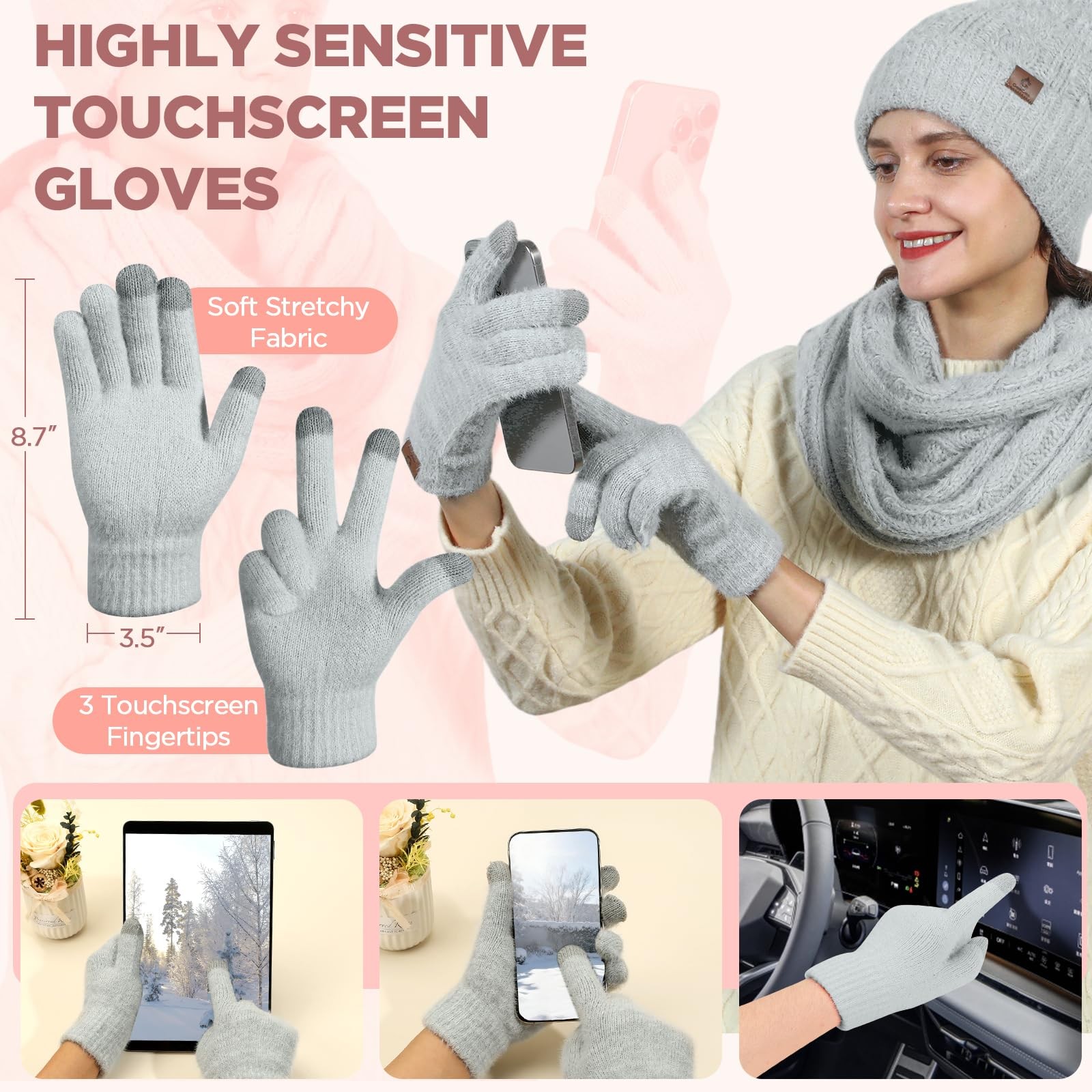 Womens Beanie Hat Infinity Scarf Touchscreen Gloves Fleece Medium, Grey