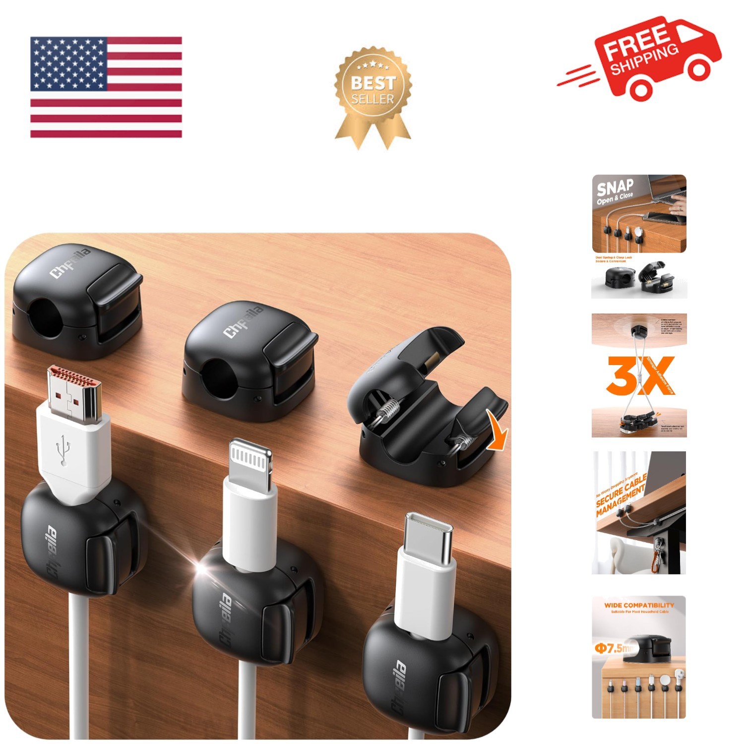 Durable 6-Pack Cord Organizer - Easy Install, Ideal for Desk & Nightstand