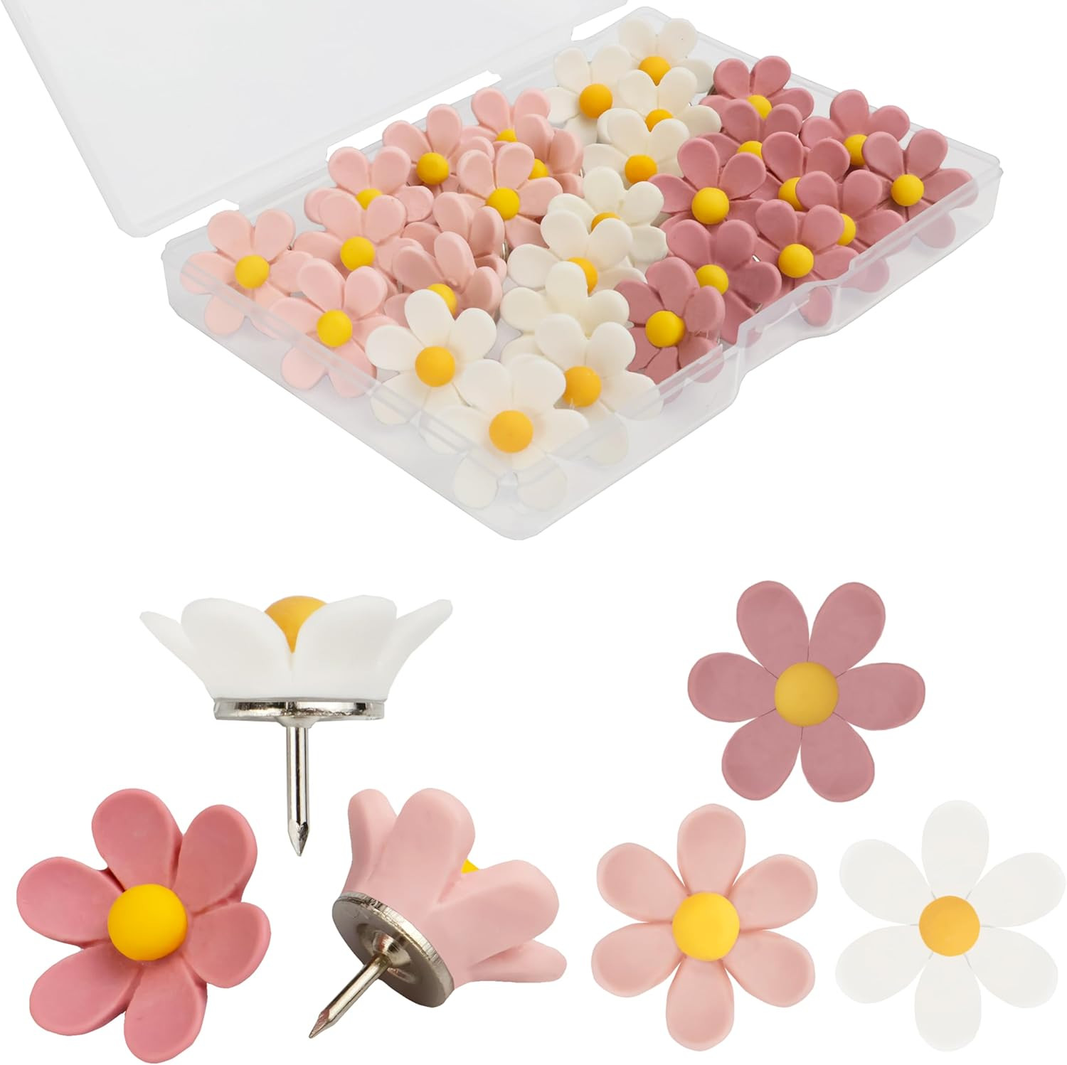 30 Pcs Flowers Push Pins Decorative Thumb Tacks in 3 Colors Cute Office Decor fo