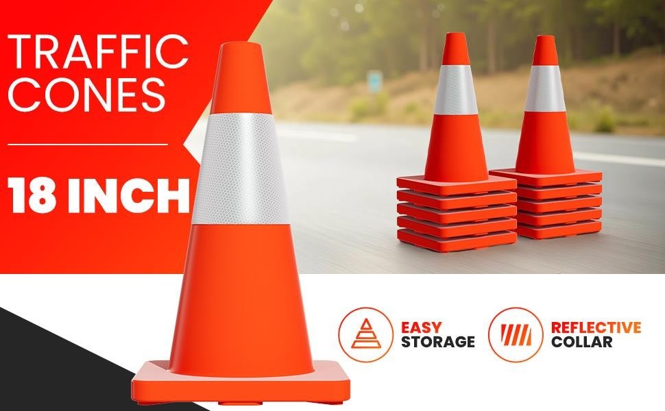 18" 20Pcs Traffic Cones w/ Reflective Collars Hazard Construction Cones