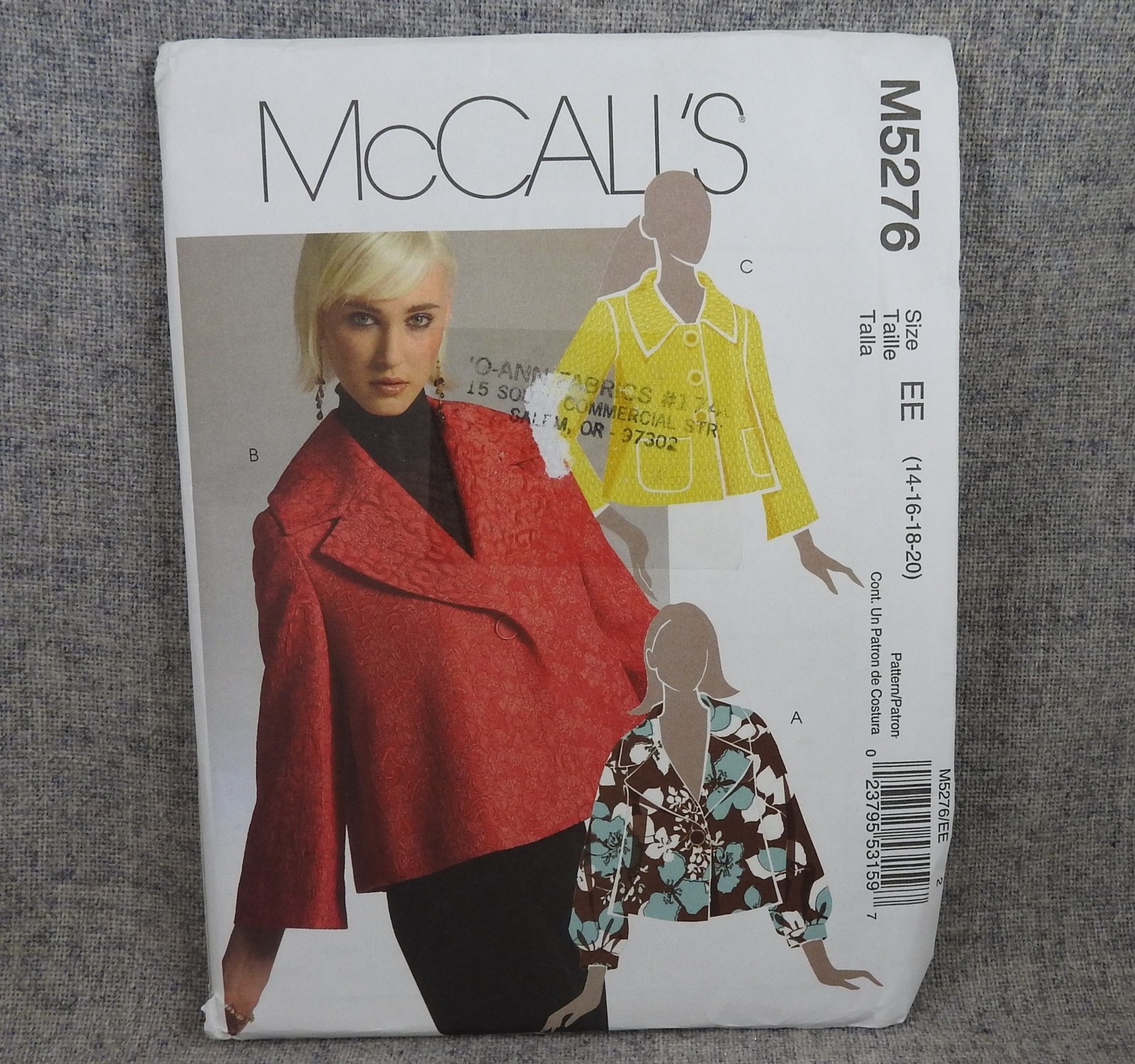 McCalls 5276 Misses Jacket unlined collar pockets size 14-20 Plus Uncut