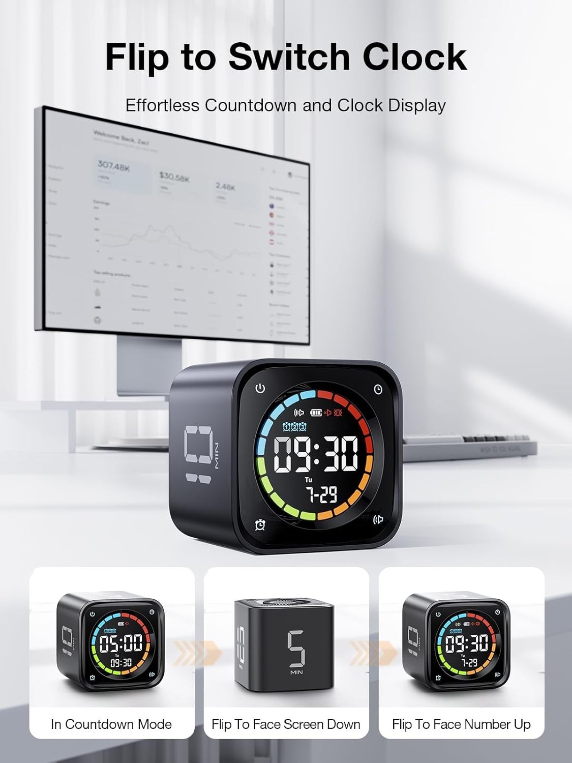 Timer Cube, Desk Productivity Timer with 5/10/30/60 Min Presets, Custom Countdow