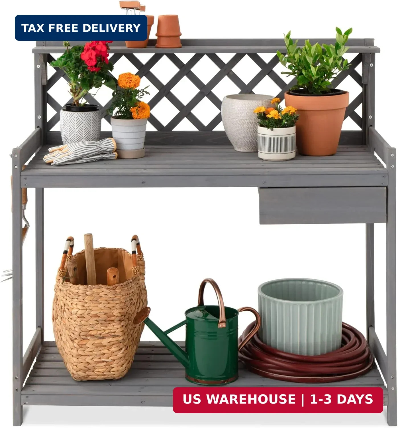 Outdoor Garden Potting Bench, Wooden Workstation Table w/Ca
