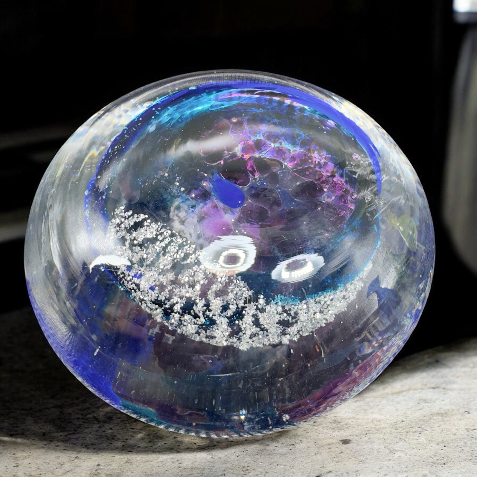 Venetian Italian Art Glass Paperweight Hand Blown With Silver Flecks Multicolor