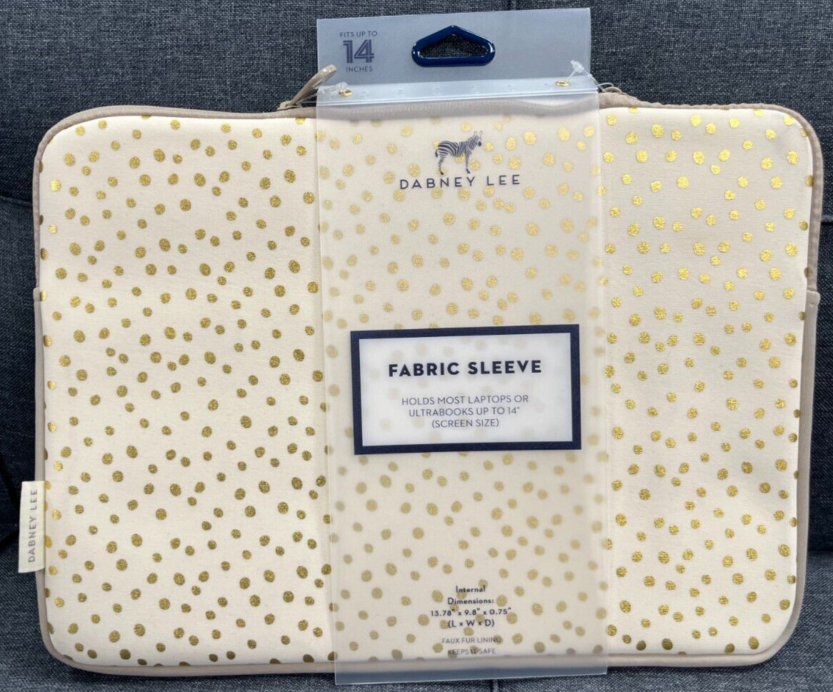 Dabney Lee Fabric Sleeve 14" Cream with Gold PolkaDots Faux Fur Lining Brand-New