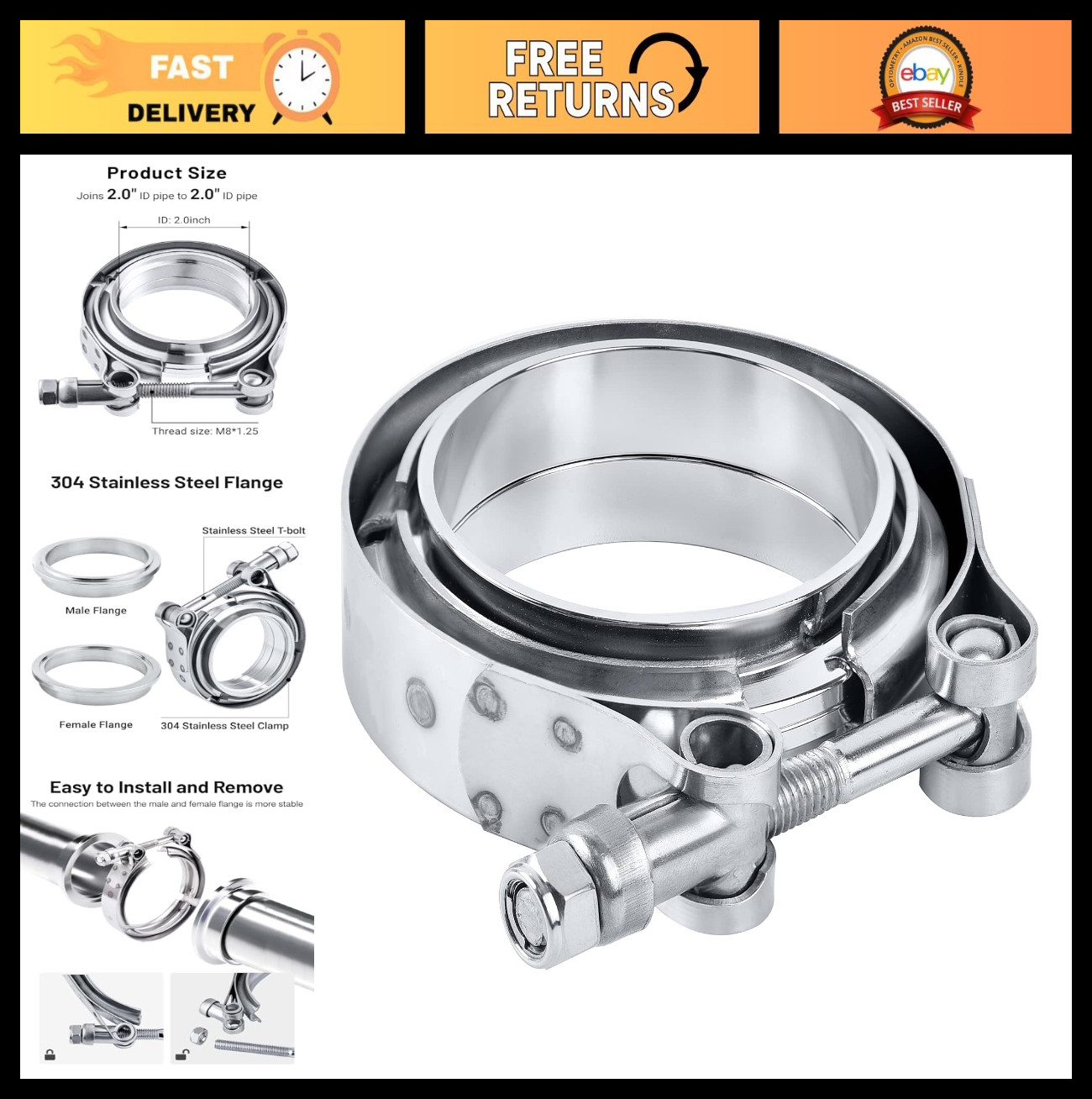 Stainless Steel V Band Clamp with Flange Set - 2.0 Inch Male Female, 2PCS