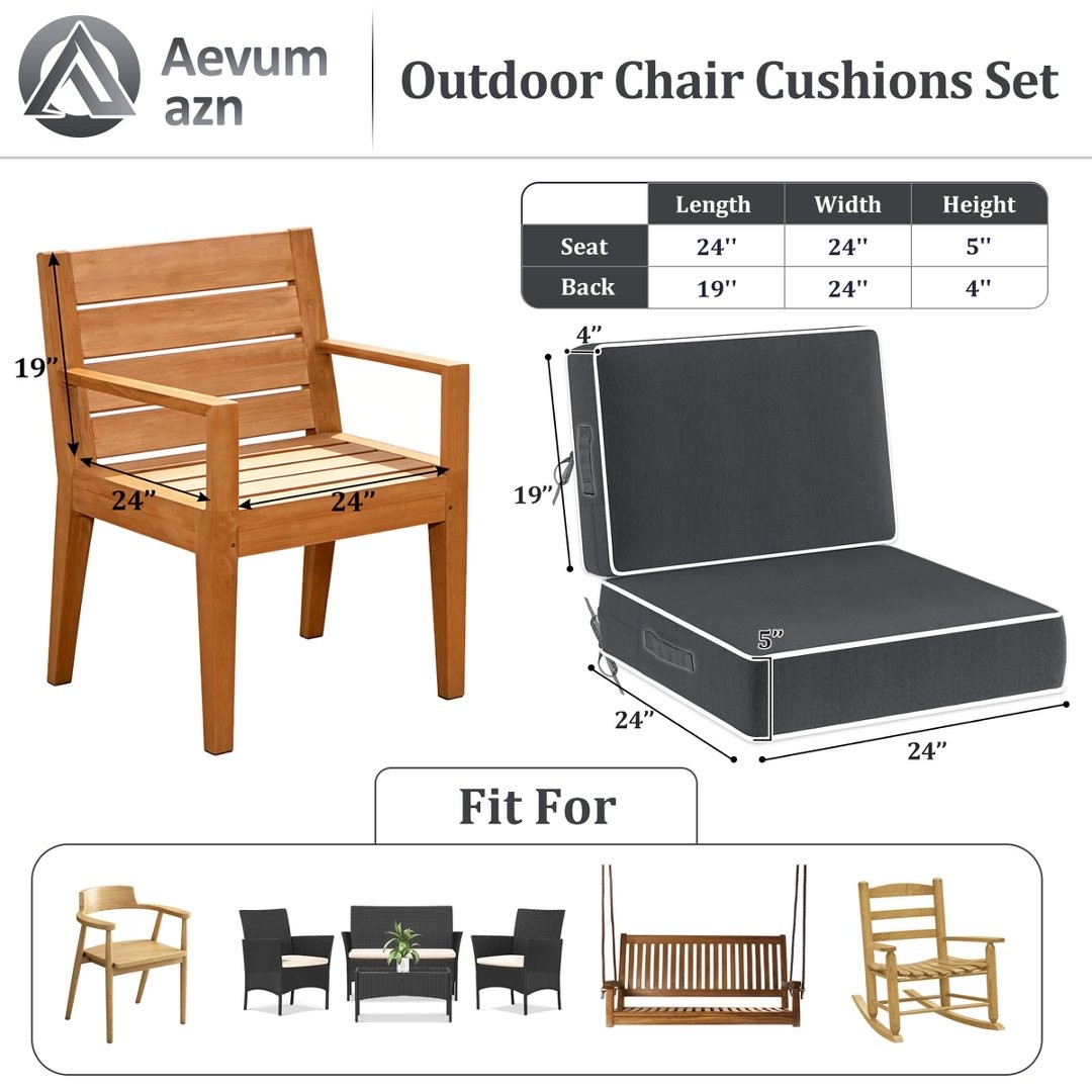 24X24 Inch Deep Seat Patio Chair Cushion Pads with Removable Cover Waterpoof