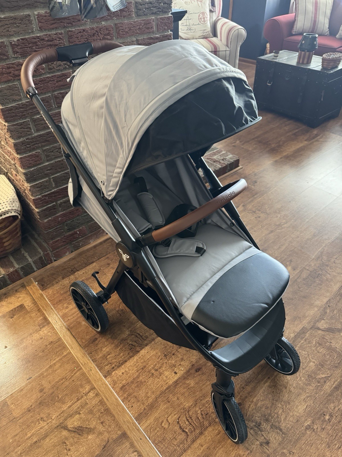 Tinyiota Gray Travel Stroller, Single Seat, Forward Facing, Basket, Black Frame