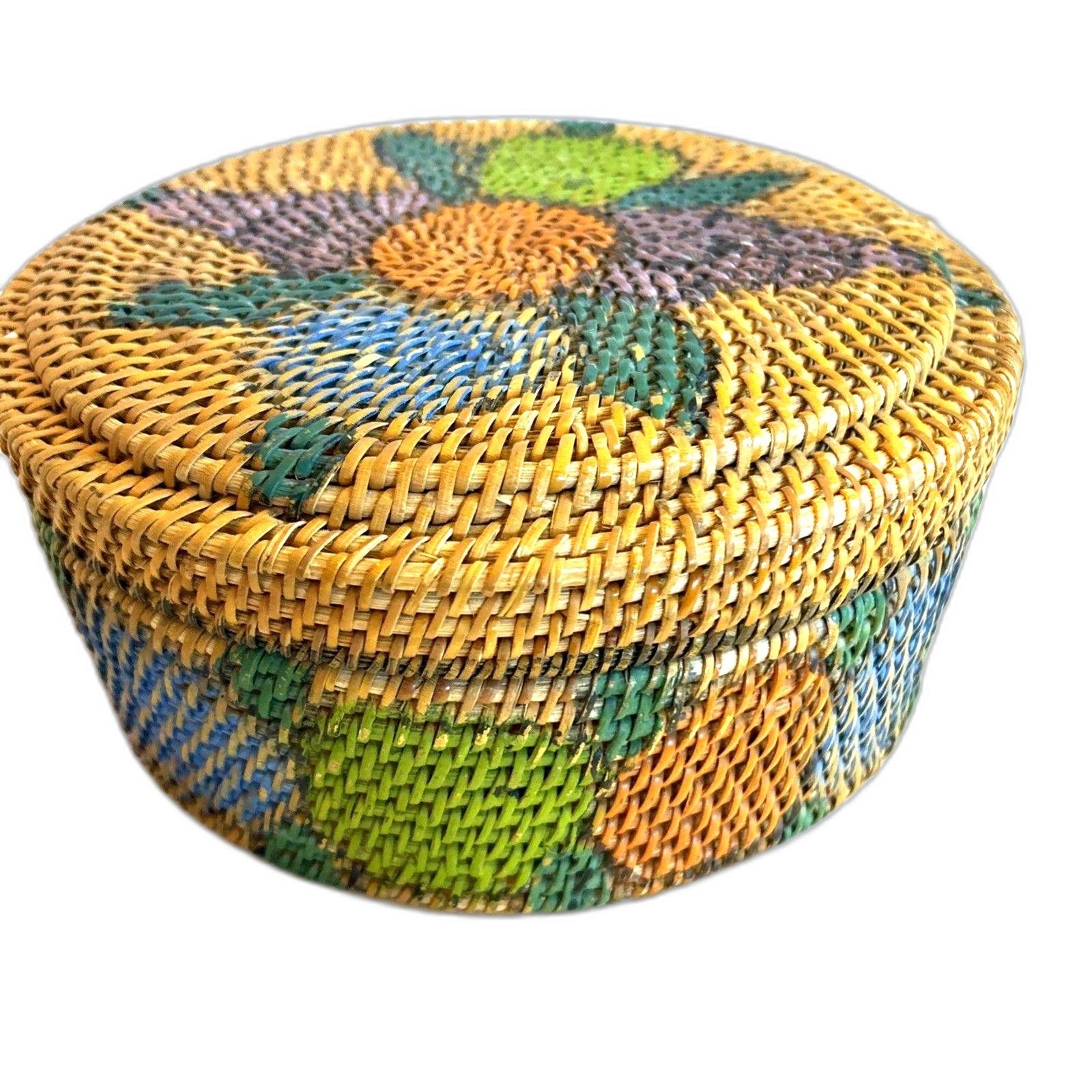 #8462 RATTAN VTG WOVEN WICKER STORAGE SEWING DECORATIVE BOHO ROUND BASKET DAMAGE