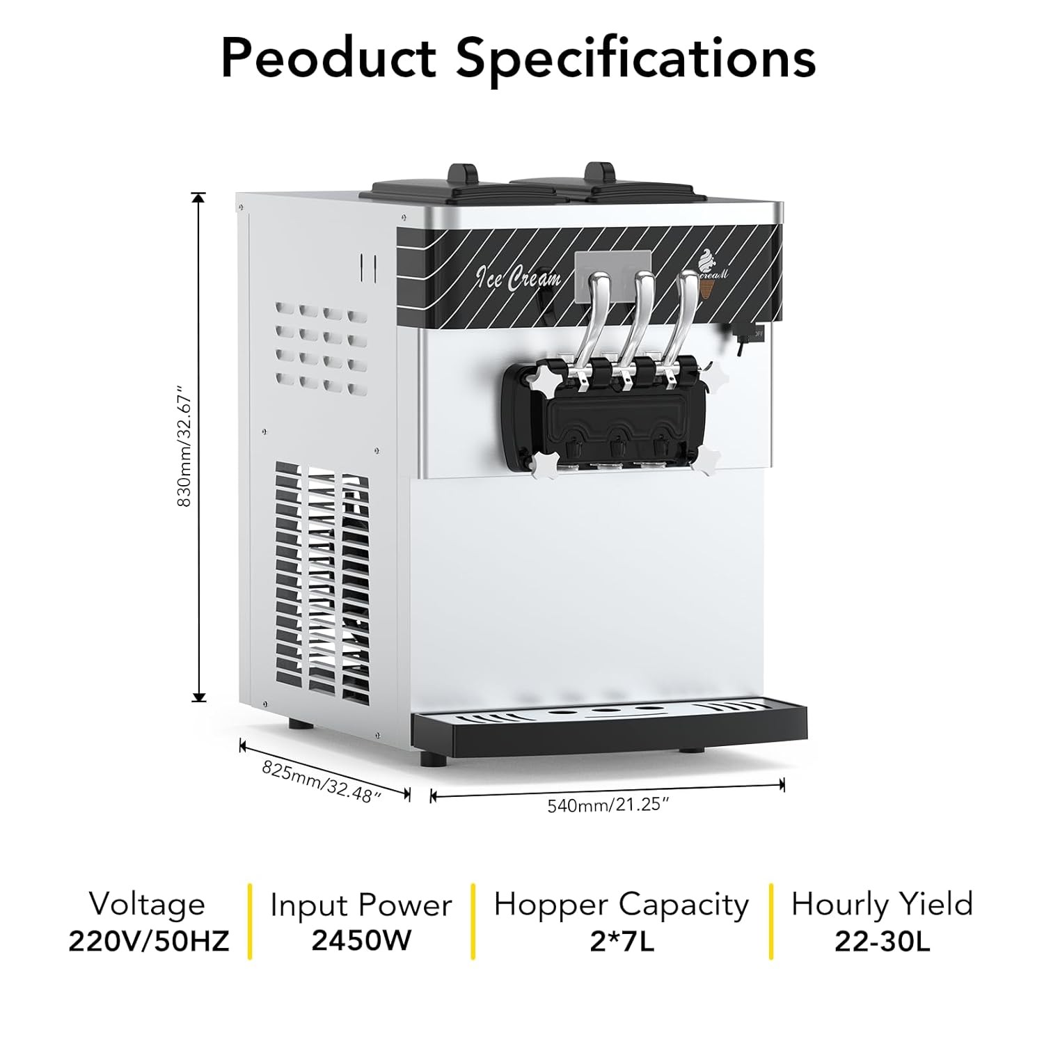 Automatic Ice Cream Maker -5.8to8 gal/ Hour LCD Panel Auto Clean Stainless Steel